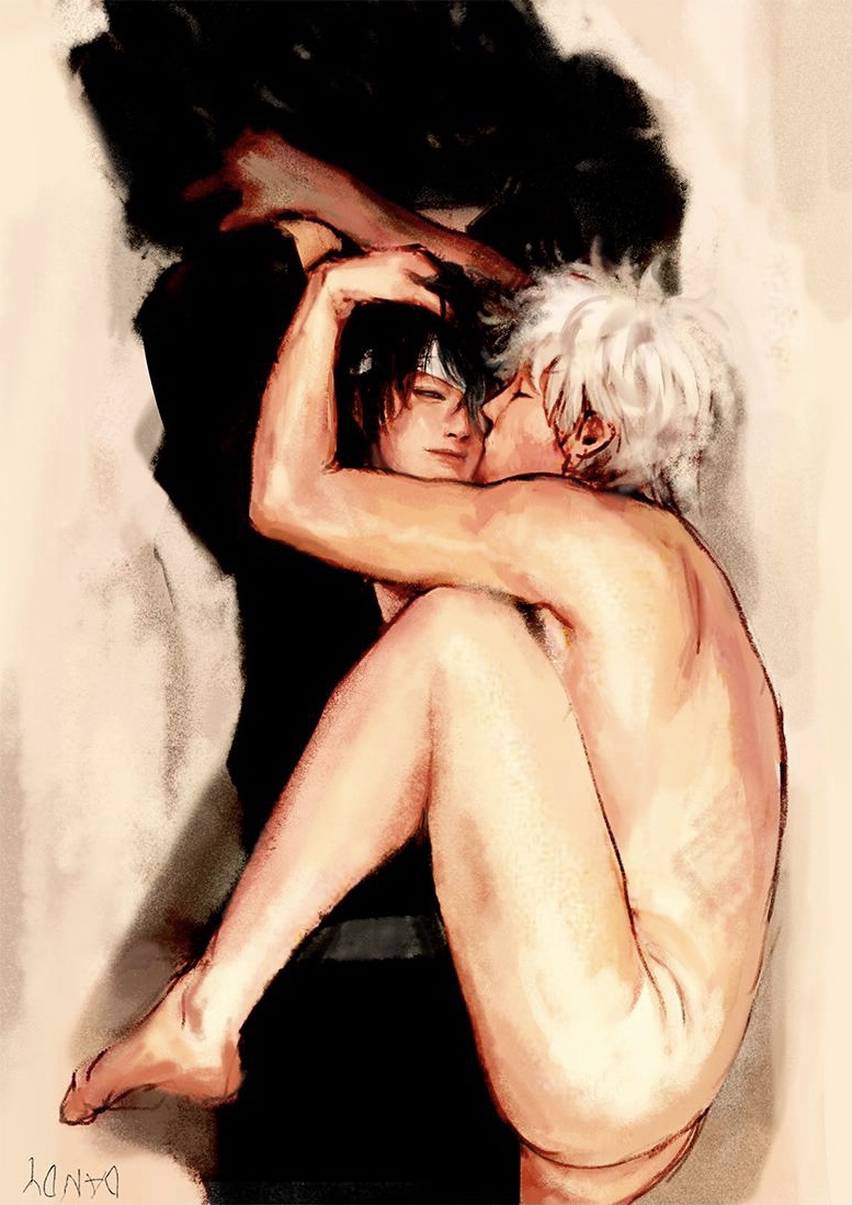 19csupervillain 2boys bandages black_hair clothed_male_nude_male eye_patch gay gintama gintoki_sakata hand_on_another's_head kimono kissing looking_at_another male male_only nude nude_male painting_(artwork) smile takasugi_shinsuke white_hair yaoi