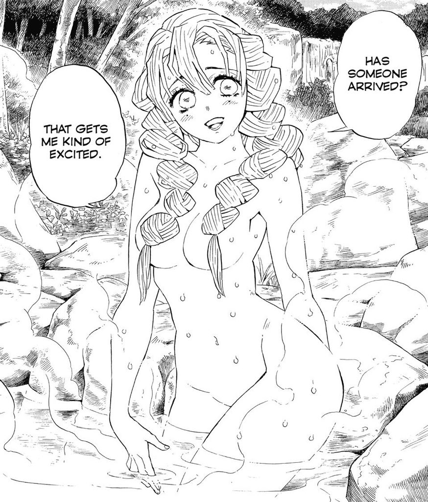 1girls, big breasts, braid, breasts, busty, convenient censoring, demon slayer, english text, female, female only, kanroji mitsuri, kimetsu no yaiba, large breasts, legs, monochrome, nude, official art, onsen, solo, thighs, twin braids, water, wet