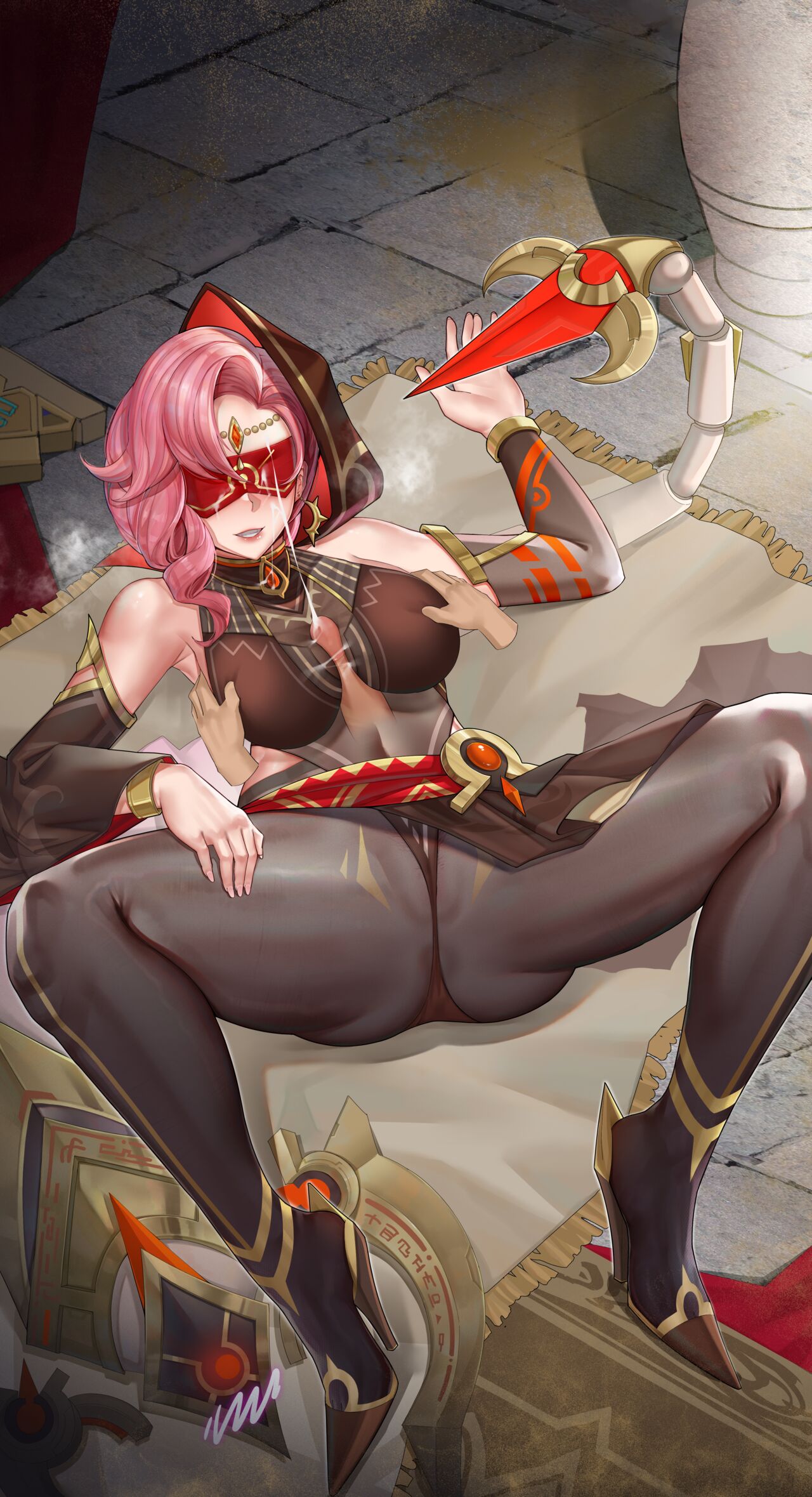 1boy 1girls babel_(genshin_impact) cameltoe ctrlz77 dress_lift eremite_(genshin_impact) eremite_scorching_loremaster_(genshin_impact) eyewear genshin_impact paizuri pantyhose see-through_panties smirk spread_legs upskirt