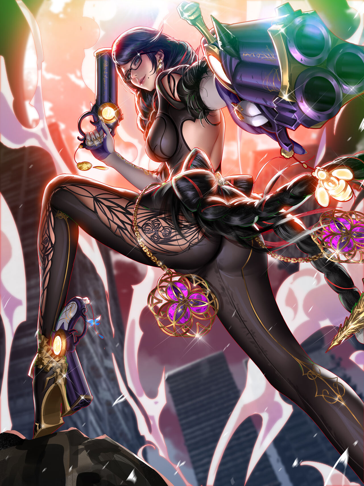 backless outfit, bayonetta, bayonetta (character), bayonetta 3, black hair, bodysuit, braided hair, female, female focus, firearm, glasses, gun, handgun, high heels, liang xing, long hair, mole, mole under mouth, pinup, pinup pose, pointing gun, revolver, weapon