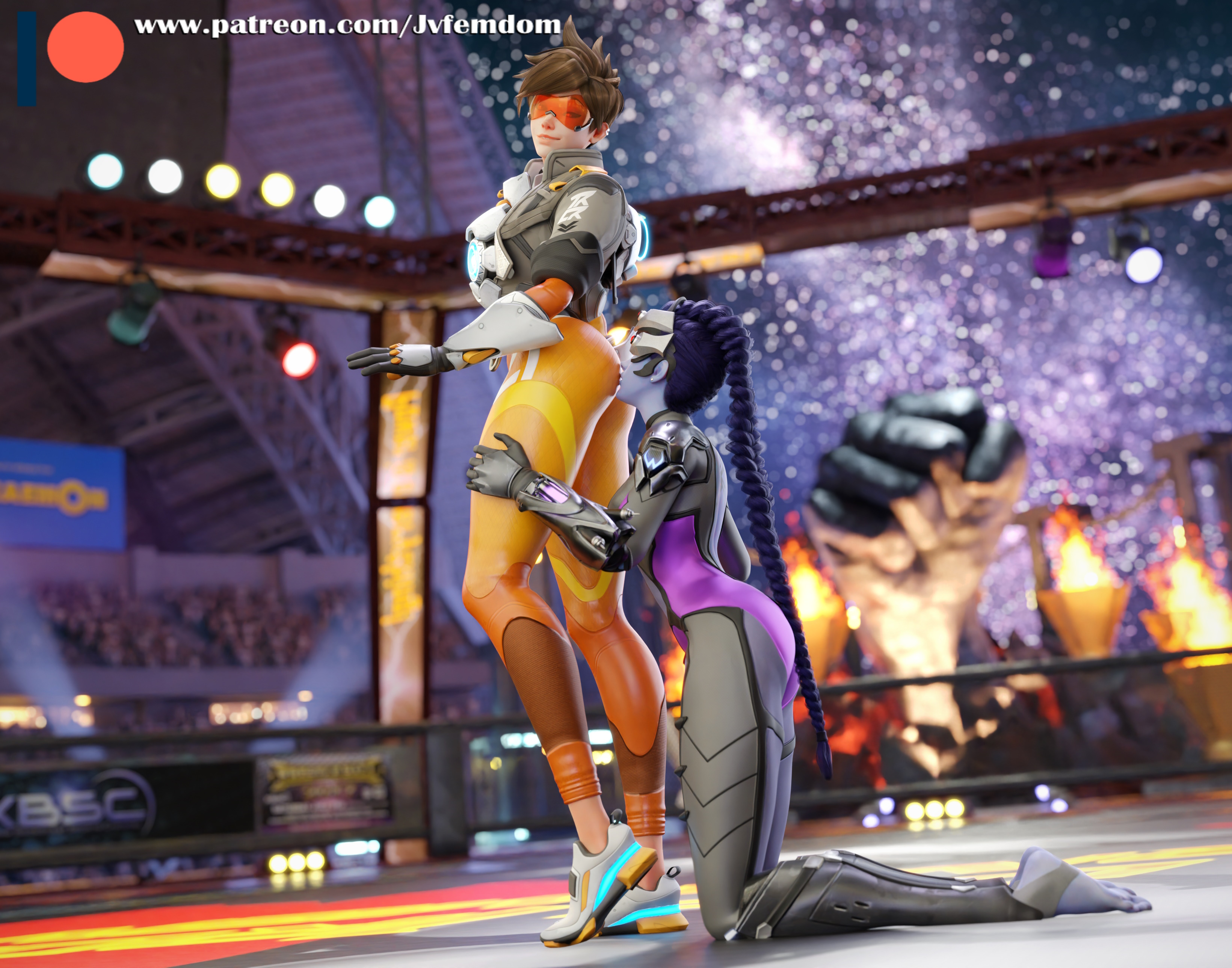 2girls, 3d, 3d (artwork), absurd res, amelie lacroix, arrogant, ass, ass focus, ass worship, barefoot, beaten, blender, blizzard entertainment, braid, braided hair, brown hair, catfight, dominant, dominant female, domination, dominatrix, face in ass, feet, female, female domination, femdom, fight, fighting ring, gloves, goggles, hands on legs, hands on thighs, head on ass, helpless, highres, humiliated, humiliating, humiliation, jacket, jvfemdom, kissing ass, kneeling, leather jacket, legs, lena oxton, lezdom, looking at another, looking down, looking pleasured, on her knees, on knees, orange-tinted eyewear, overwatch, overwatch 2, pants, purple hair, ryona, sadism, sadistic, sadistic female, short hair, smiling, smiling at another, smug, soles, submission, submissive, thick ass, thick thighs, thighs, tight clothing, tight pants, tinted eyewear, toeless legwear, toes, tracer, tracer (overwatch 2 suit), visor, visor (eyewear), widowmaker, widowmaker (overwatch 2 suit), worship, worshiping, yuri