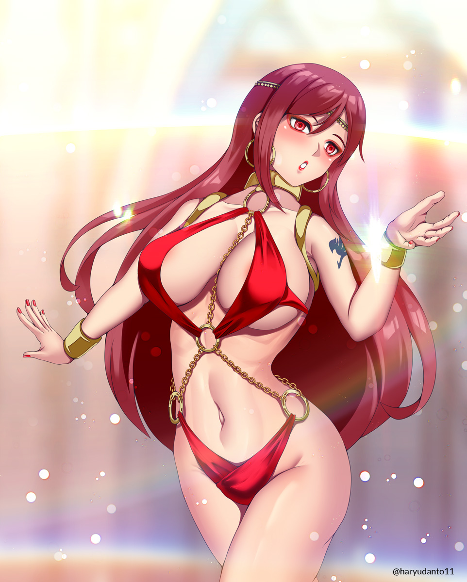 1girls, belly dancer, belly dancer outfit, bracelet, breasts, circlet, dancer, dancer outfit, erza scarlet, fairy tail, female, harem girl, harem outfit, haryudanto, hypnosis, large breasts, long hair, mind control, red eyes, red hair, slave, slave collar, slave outfit, slavegirl, voluptuous