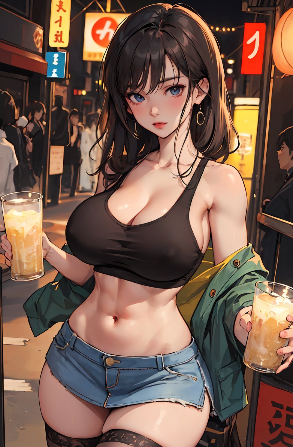1girls, ai generated, big breasts, black hair, breasts, curvaceous, curvy body, curvy female, curvy figure, denim skirt, earrings, female, highres, huge breasts, legwear, lewdwaifulaifu, long hair, looking at viewer, seductive eyes, seductive look, skirt, stable diffusion