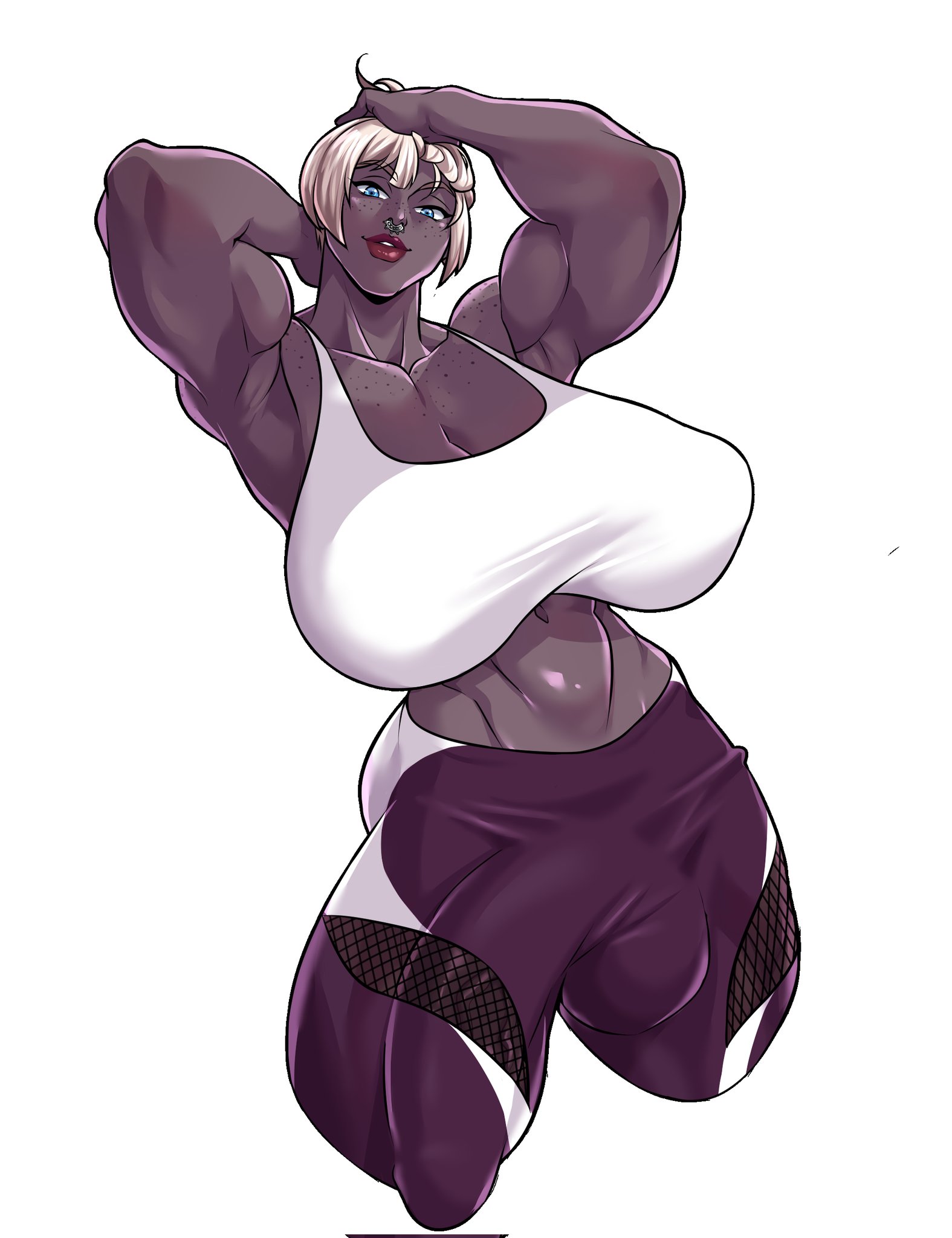 1futa, 2022, arms above head, arms up, balls, big penis, black body, breasts, bulge, bylgbryda, cleavage, clothed, clothing, dark skin, dark-skinned futa, final fantasy, final fantasy xiv, flaccid, fully clothed, futa only, futanari, grey body, huge balls, huge breasts, huge cock, human, ichan, intersex, looking at viewer, muscular, muscular futa, penis, roegadyn, second-party source, short hair, solo, standing, white hair