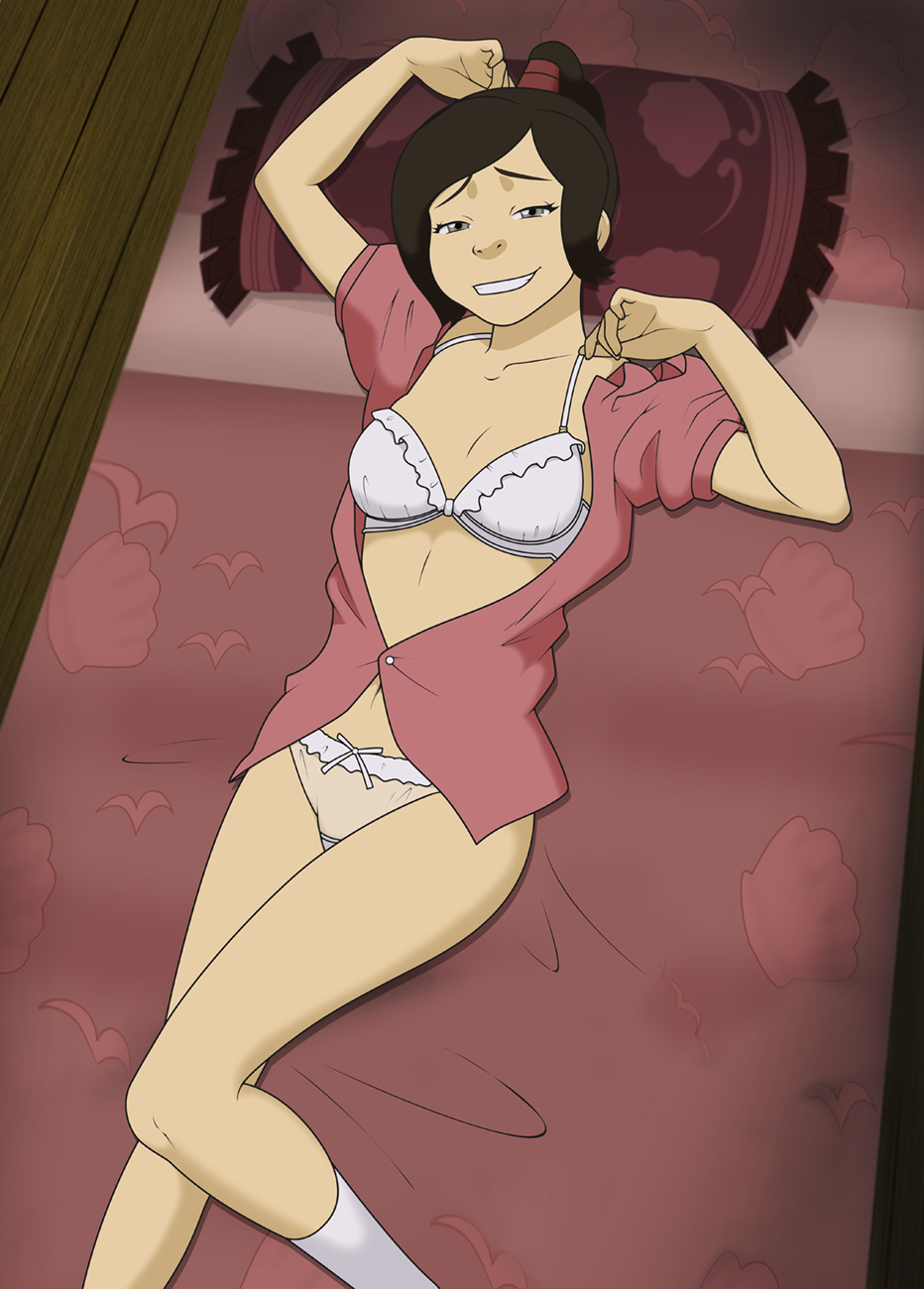 anaxus, avatar the last airbender, bra, clothed, female, lying, lying on bed, nightgown, open shirt, pajamas, panties, shirt, smile, smiling, solo, solo female, ty lee, underwear