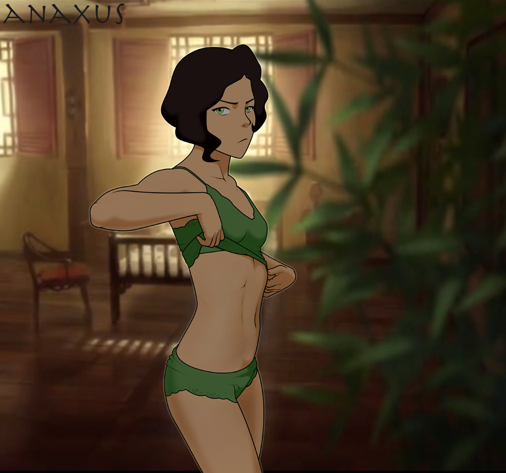 1girls, alternate age, anaxus, avatar legends, bra, breasts, earth kingdom, female, female only, green eyes, green underwear, looking at viewer, panties, small breasts, solo, solo female, standing, suyin bei fong, the legend of korra, topwear, underwear, undressing, young
