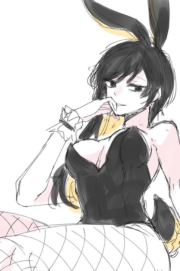 1girls, binah, black hair, bunny ears, bunnysuit, female, fishnets, la huiii, library of ruina, lobotomy corporation, multicolored hair, project moon, tagme