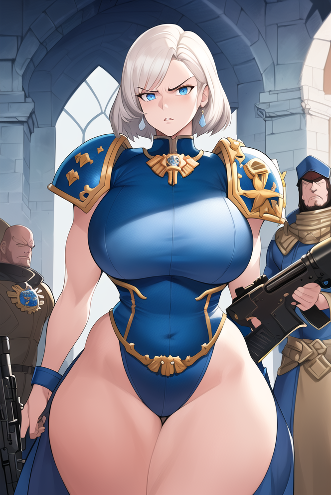 1girls, abs, adepta sororitas, ai generated, armor, big breasts, blue eyes, breasts, church, dress, female, huge breasts, imperium of man, muscular, muscular female, sister of battle, solo, solo female, warhammer (franchise), warhammer 40k, white hair