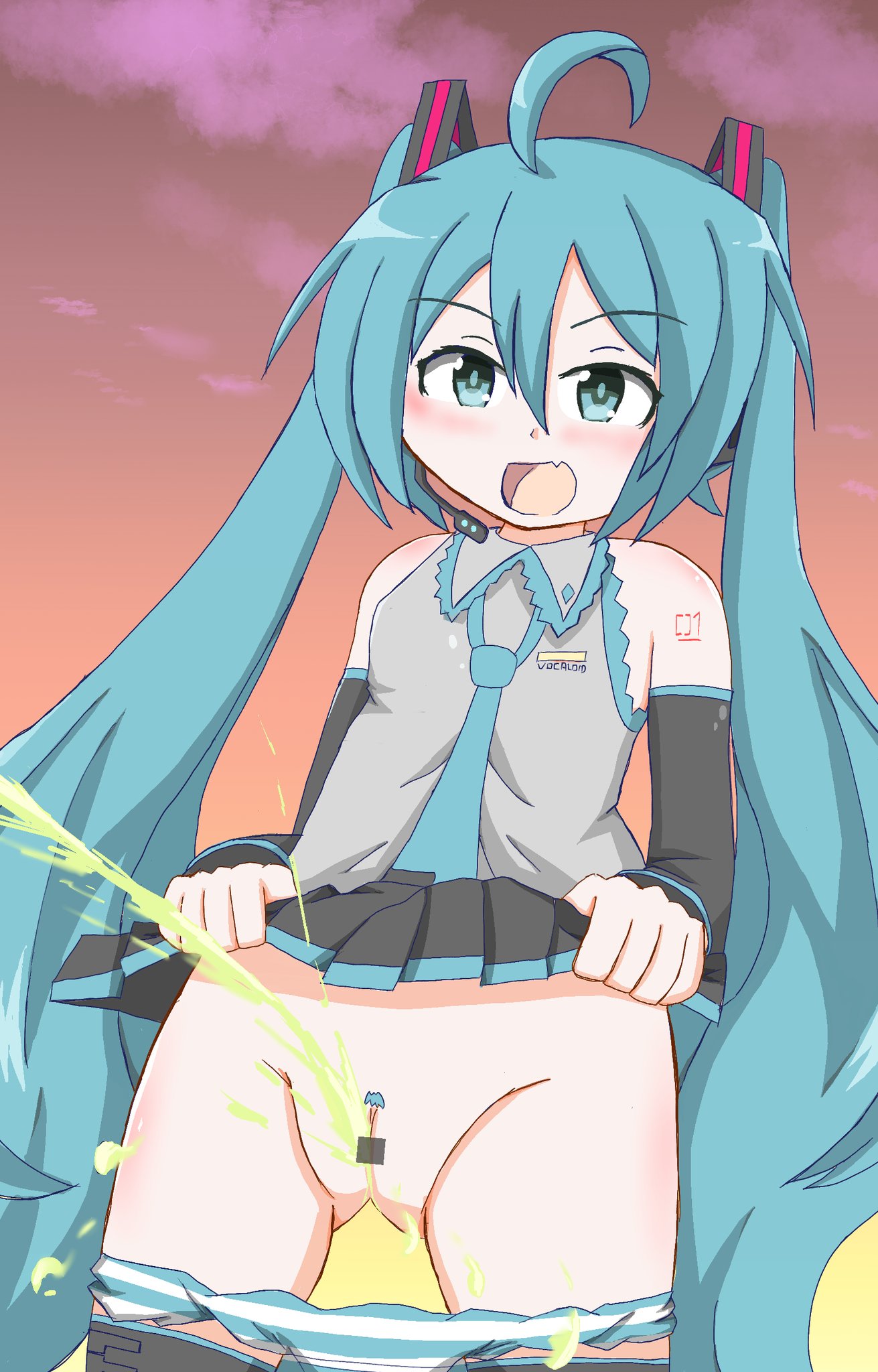 blue_hair censored censored_pussy flat_chest hatsune_miku lifting_skirt light_blush panties_around_leg panties_down peeing pubic_hair pussy toro_r18 urinating urinating_female urination urine urine_stream vocaloid