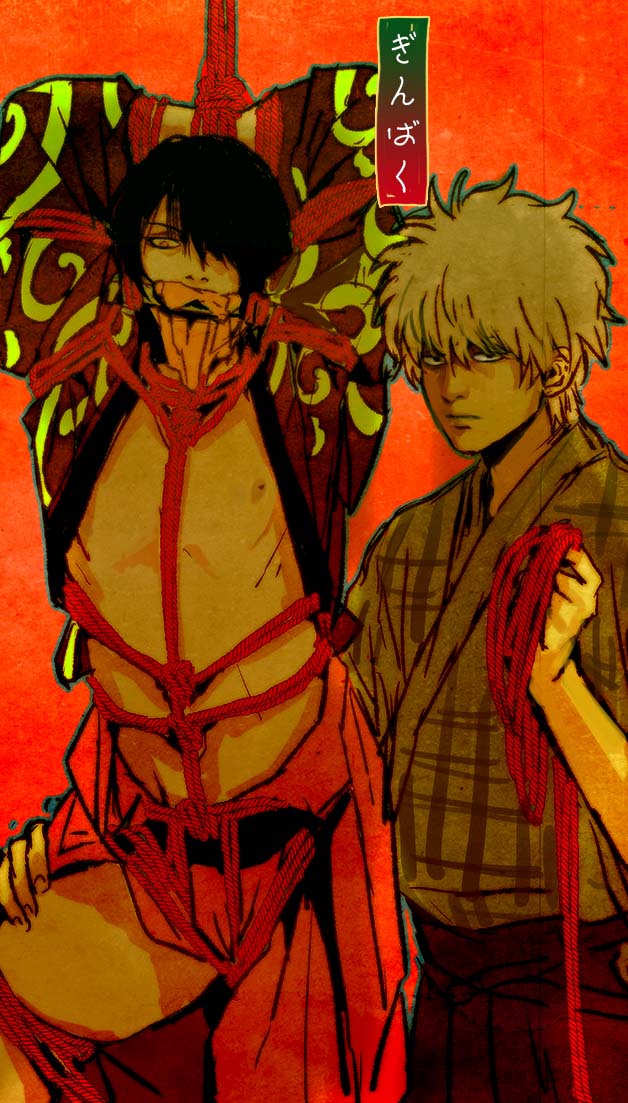 19csupervillain 2boys arms_up black_hair bondage bondage bondage gag gagged gay gintama gintoki_sakata hair_over_one_eye hakama haori japanese_clothes kimono looking_at_viewer male male_only open_kimono red_background rope rope_bondage shunga suspension takasugi_shinsuke yaoi