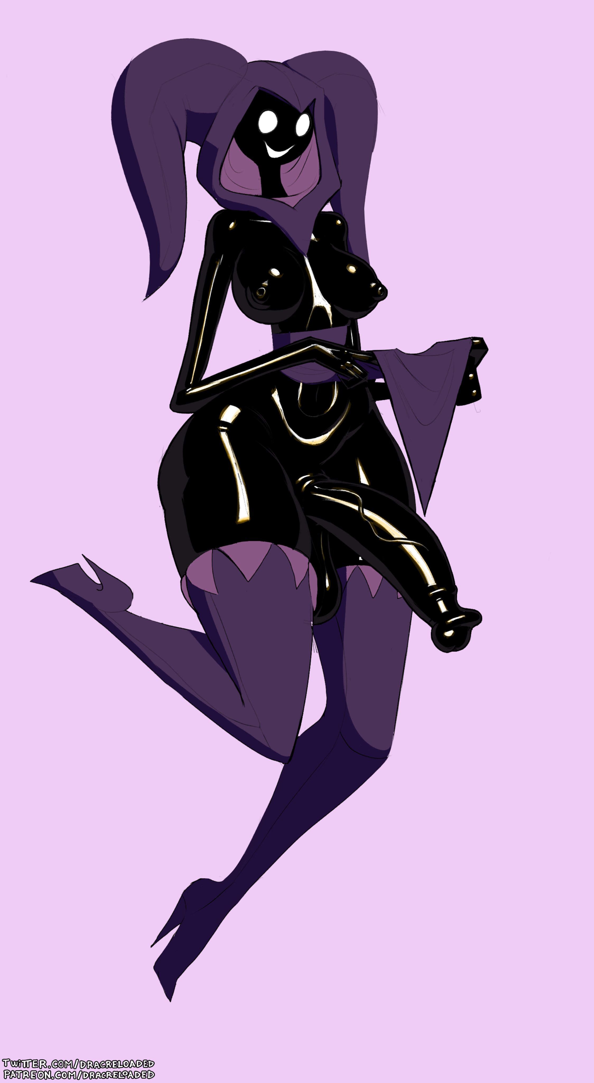 1futa, 2023, areolae, balls, big breasts, black body, black skin, bottom heavy, breasts, clothed, clothing, dracreloaded, erection, esther (jesth3r), futa only, futanari, high heel boots, high heels, hood, huge cock, huge hips, humanoid, humanoid penis, intersex, levitation, more at source, mostly nude, nipples, penis, shiny skin, simple eyes, simple face, solo, solo futa, thick thighs, thigh boots, thighhighs, wide hips