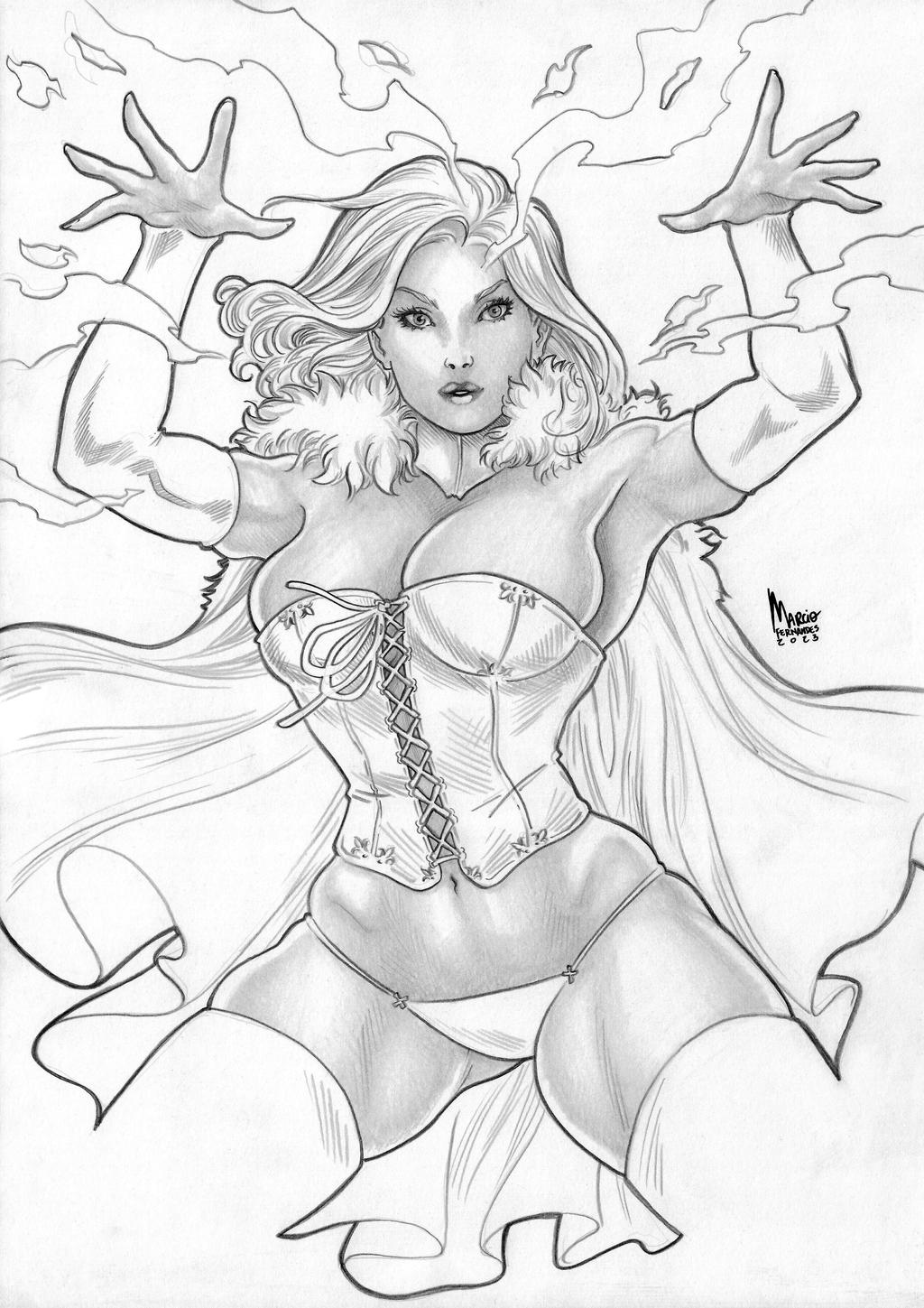 1girls 2023 black_and_white breasts cape cleavage corset emma_frost female female_only hellfire_club huge_breasts marcio_fernandes marvel marvel_comics panties solo telepath white_queen x-men