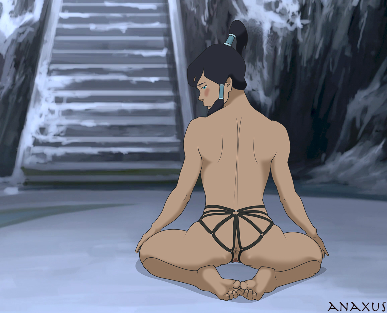 1girls, anaxus, anus, ass, avatar legends, back, back view, blush, crotchless thong, female, kneeling, korra, looking back, naked, nude, on knees, panties, pussy, rear view, revealing clothes, solo, solo female, the avatar, the legend of korra, topless, water tribe