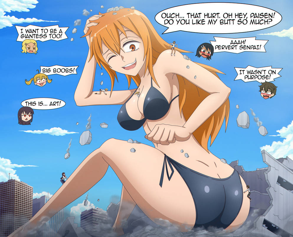 1boy 5girls between_breasts big_breasts bikini black_hair blonde_hair blush breasts brown_eyes brown_hair butt_crush city cleavage clothed clothing color curvy destruction female_focus gamo-chan giantess glasses hayase_nagatoro larger_female long_hair looking_back medium_hair multiple_girls naoto_hachioji_(senpai) one_eye_closed open_mouth orange_eyes orange_hair pigtails please_don't_bully_me,_nagatoro president_(nagatoro) purple_hair red_eyes revealing_clothes sakura_(nagatoro) sana_sunomiya short_hair sideboob sitting size_difference smaller_male smile text thedaibijin wide_hips yoshi_(nagatoro)