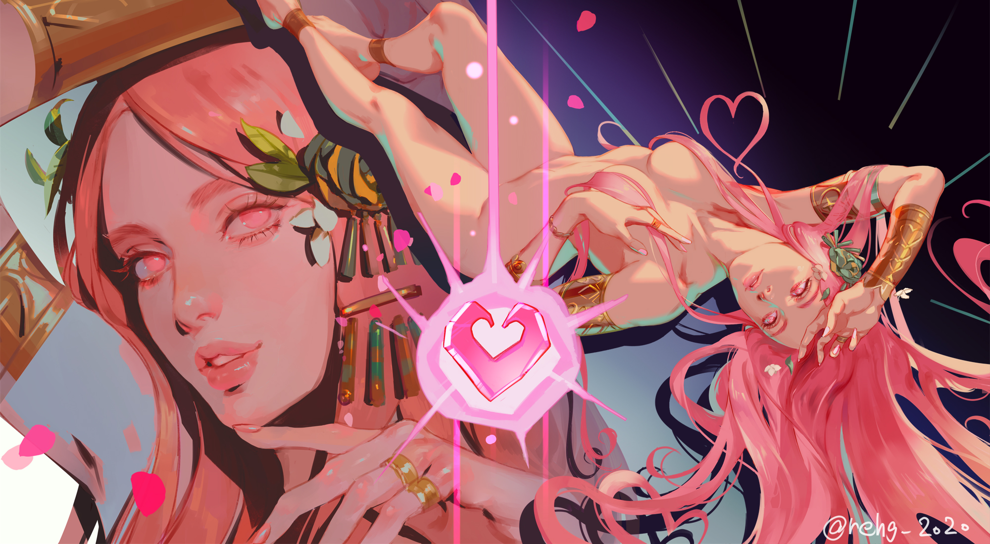 1girls, anklet, aphrodite, aphrodite (hades), armlet, armpits, arms up, bare legs, barefoot, bracelet, breasts, casual, cleavage, completely nude, convenient censoring, divine slut, female, female only, flower, full body, gem, gold (metal), gold jewelry, hades (game), jewelry, long hair, looking at viewer, lying, lying on back, medium breasts, multiple views, nude, nude female, nudist, on back, painted nails, petals, pink eyes, pink hair, rehg 2020, ring, thighs