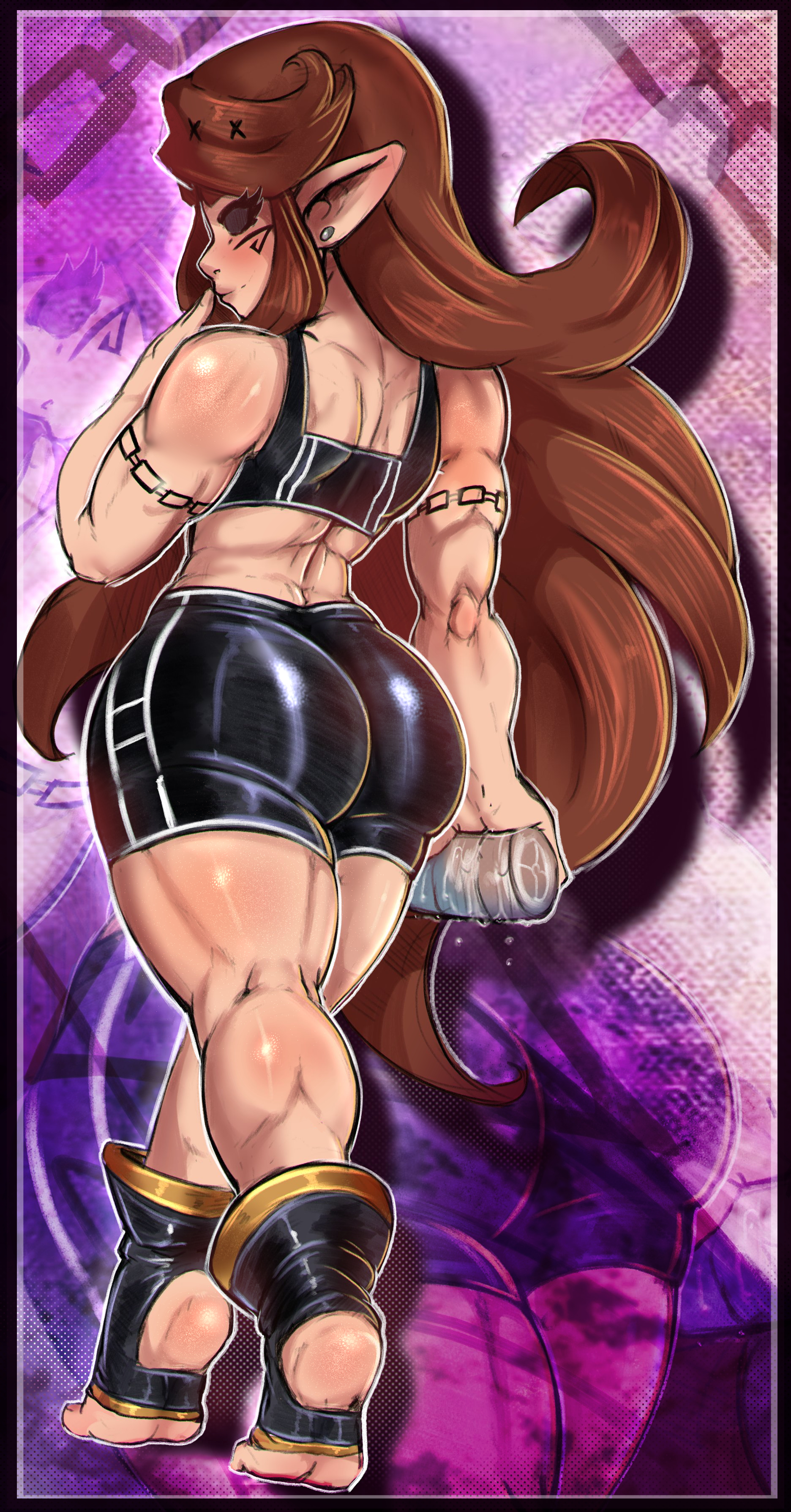 ass, big ass, big butt, black sclera, brown hair, charlotte (reliusmax), charlotte mors, curvaceous, curvy, curvy figure, elf, elf ears, elf female, feet, female, long hair, markings, muscular, muscular female, muscular legs, nymph, oc, original character, pointy ears, reliusmax, shortstack, soles, solo female, sports bra, sportswear, stirrup socks, tattoo, thick, thick ass, thick thighs, toeless legwear, toned, toned back, toned female