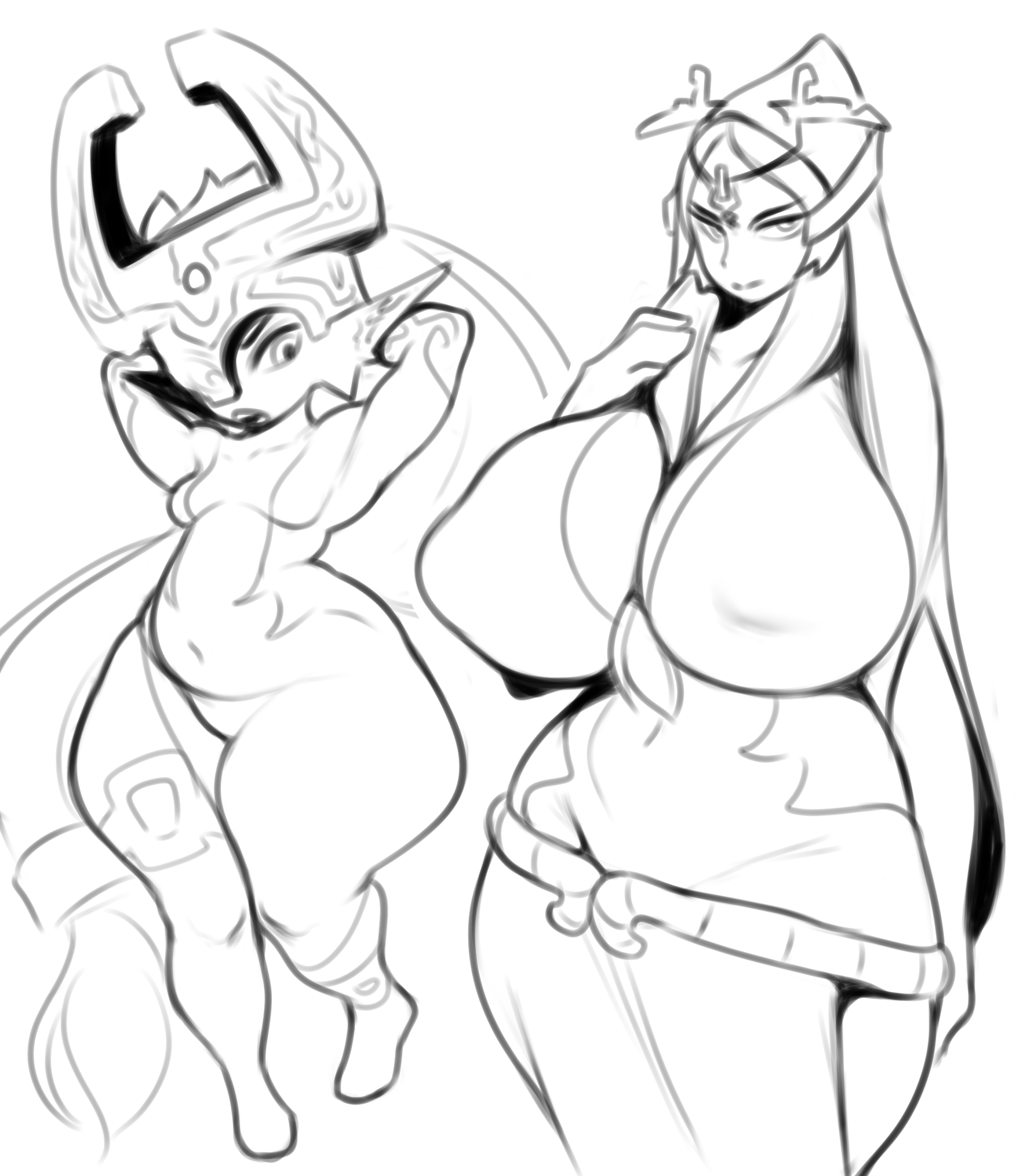 1girls, 2girls, big boobs, big breasts, boobs, breasts, clothing, helmet, hoodie, huge boobs, huge breasts, imp, imp midna, midna, nipple bulge, nude, nude female, onaeane, one eye covered, pointed ears, pointy ears, simple background, size difference, small breasts, the legend of zelda, thighs, tied hair, twili midna, twilight princess, uncolored, wide hips