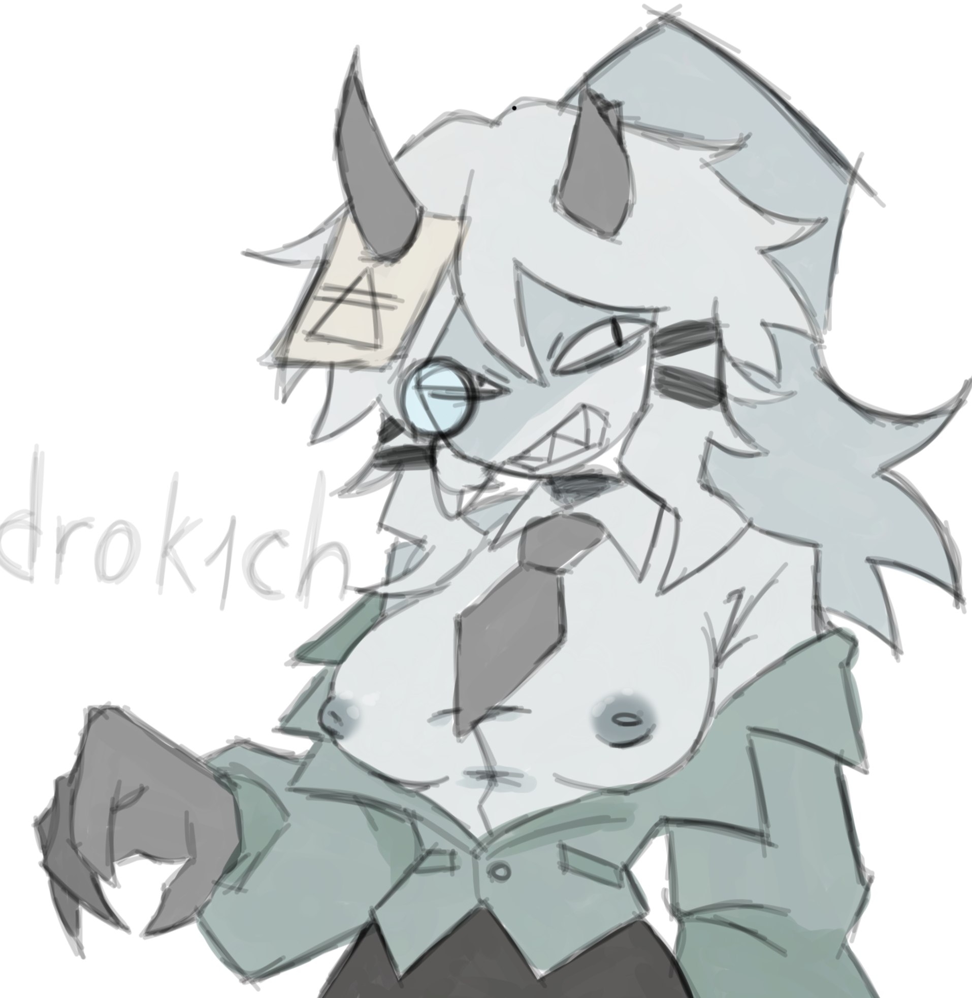 1female, 1girl, angry, angry face, artist name, big boobs, black horns, boobs, demon, demon girl, demon horns, director, drok1ch, english text, eyepiece, female, female only, fpe, fundamental paper education, horns, miss grace (fundamental paper education), solo, text, underboob, white hair