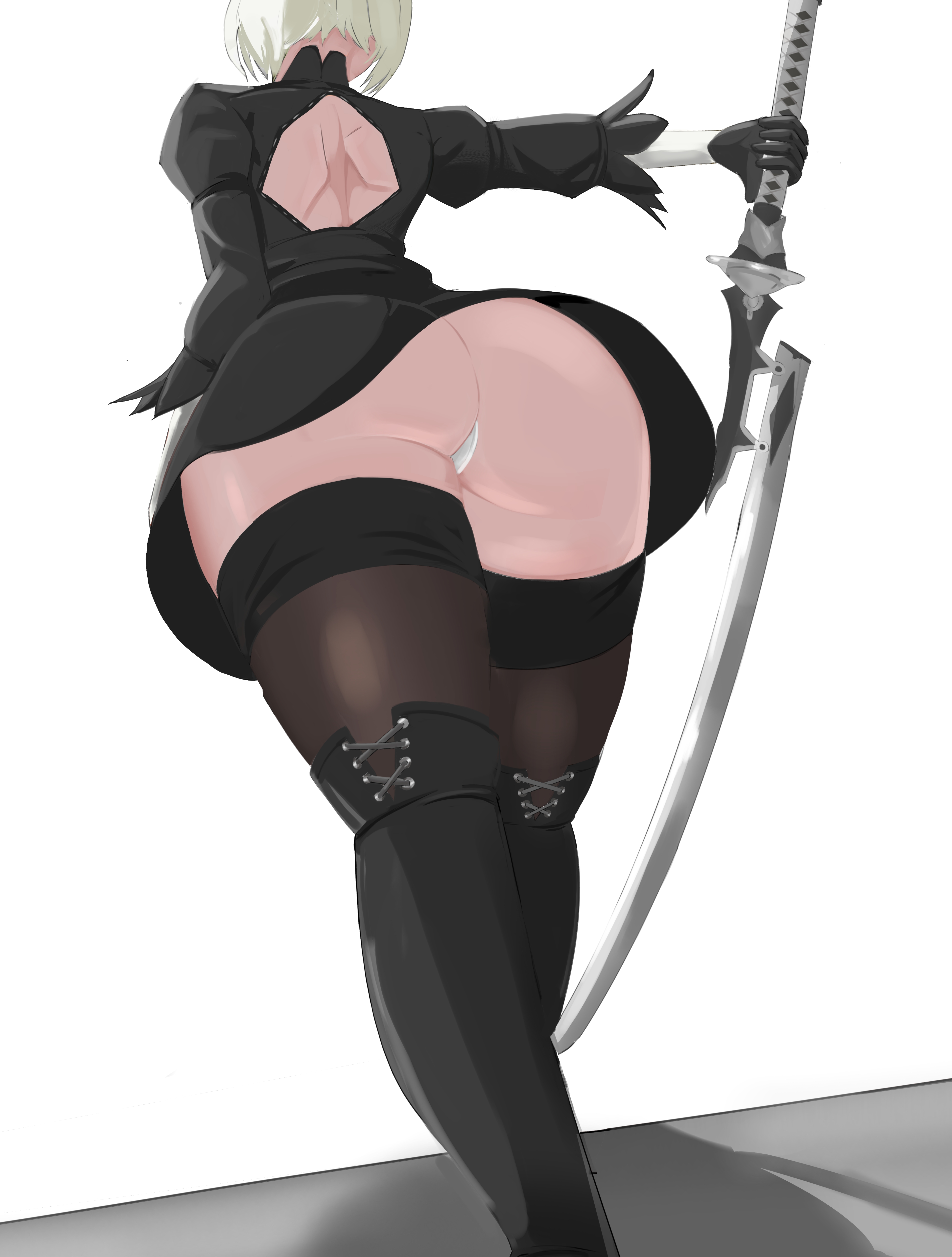 1girls, 2026, 2b (nier:automata), 2d, 2d (artwork), ass, asscheeks, back, back view, behind, behind view, big ass, big butt, butt, clothed, clothing, color, colored, digital media (artwork), feather-trimmed sleeves, female, female only, hair, hi res, holding object, holding sword, holding sword behind back, holding weapon, legs, light skin, light-skinned female, low-angle view, manman, nier (series), nier: automata, simple background, skirt, solo, sword, thick thighs, thighhighs, thighs, viewed from behind, virtuous treaty, weapon, white background, white hair, yorha 2b