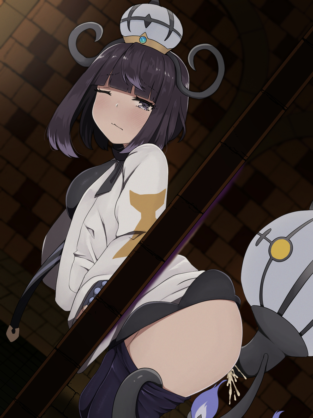1girls, blush, chandela, chandelure, clothed sex, clothes down, clothes pull, cum, cum inside, gwynn (pokemon), headgear, leggings, leggings down, looking at viewer, magic, muku (pokemon), one eye closed, pants down, pants pull, pokemon, pokemon legends: z-a, pokephilia, pulling clothing, pulling down pants, purple eyes, purple hair, sex, sex from behind, stuck, stuck in wall, through wall, whitesno w