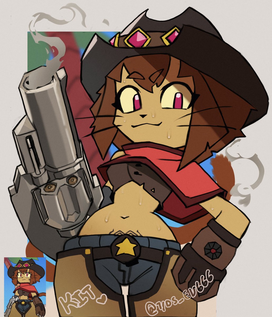 1girls, anthro, breasts, cowgirl, cowgirl outfit, domestic cat, feline, female, female only, furry, gameoverse, glitch productions, gun, kit (gameoverse), kit bodega, looking at viewer, navel, pubic tattoo, revolver, solo, sweat, tattoo, yos ev666
