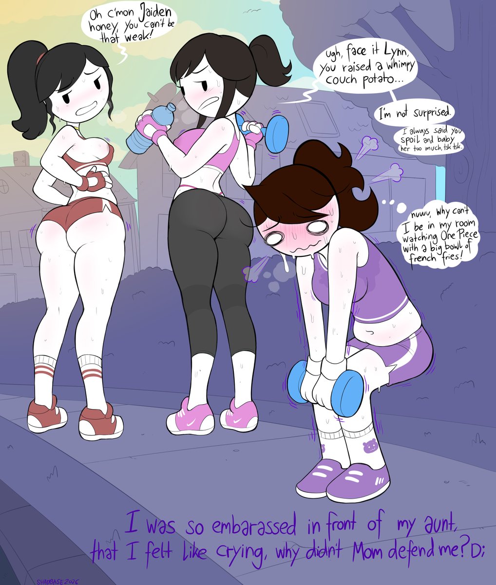 3girls, armpits, aunt and niece, butt, exercise, exercise clothing, female, female only, jaiden, jaiden animations, jaidens aunt, jaidens mom, mother and daughter, outdoors, shadman, sweat