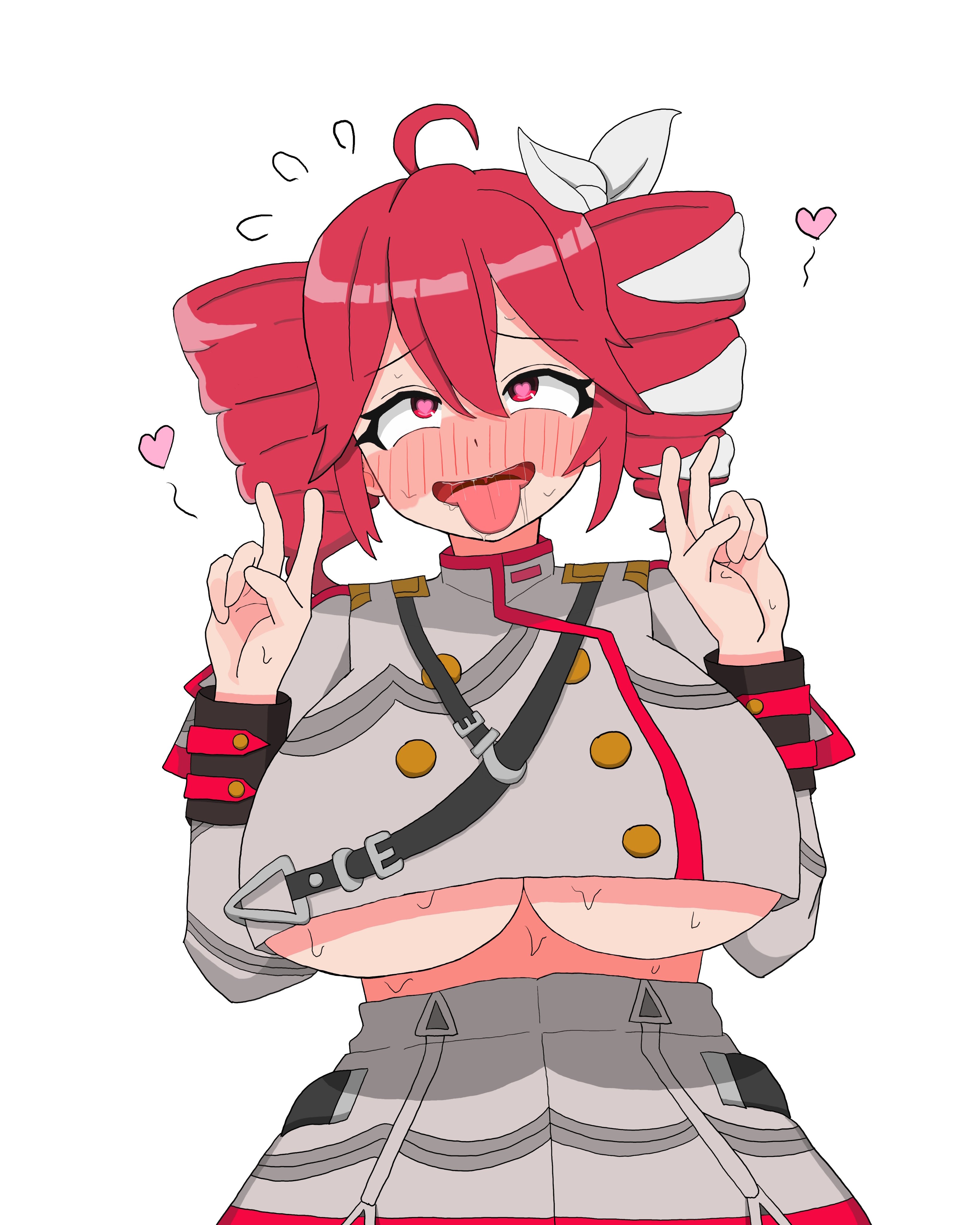 1girls, 2d, 2d (artwork), ahe gao, ahoge, artist request, belly, big breasts, blush, blush lines, blushing, blushing female, blushing profusely, breasts, breasts bigger than head, clothed, clothed female, clothing, crop top, cropped jacket, curvaceous, curvy, curvy female, curvy figure, double v, ecstasy, exposed belly, eyelashes, fat breasts, female, female only, fully clothed, hair ornament, hairbow, heart, heart symbol, heart-shaped pupils, hearts, hearts around head, horny, horny female, huge breasts, kasane teto, kasane teto (sv), large breasts, massive breasts, no bra, open mouth, peace sign, plump, plump breasts, red eyes, red hair, simple background, skirt, slim waist, solo, solo female, suggestive, suggestive gesture, suggestive look, sweat, sweatdrop, sweating, sweating profusely, sweaty breasts, synthesizer v, tongue, tongue out, top heavy, twin drills, underboob, upper body, upper body focus, utau, voluptuous, voluptuous female, white background