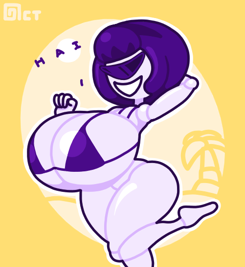 1 eye, 1girls, animated, arm behind head, bikini, bimbo, bimbofication, brainwashing, breasts, cyclops, doll, doll joints, dollification, female only, gif, hair ornament, hairband, huge breasts, hypnosis, knick knack, micro bikini, octette (octotron2000), octotron2000, original character, purple hair, self upload, smile, smiling, solo, solo female, sunglasses, sunnification, sunny miami, text, thick thighs, white skin, wide hips
