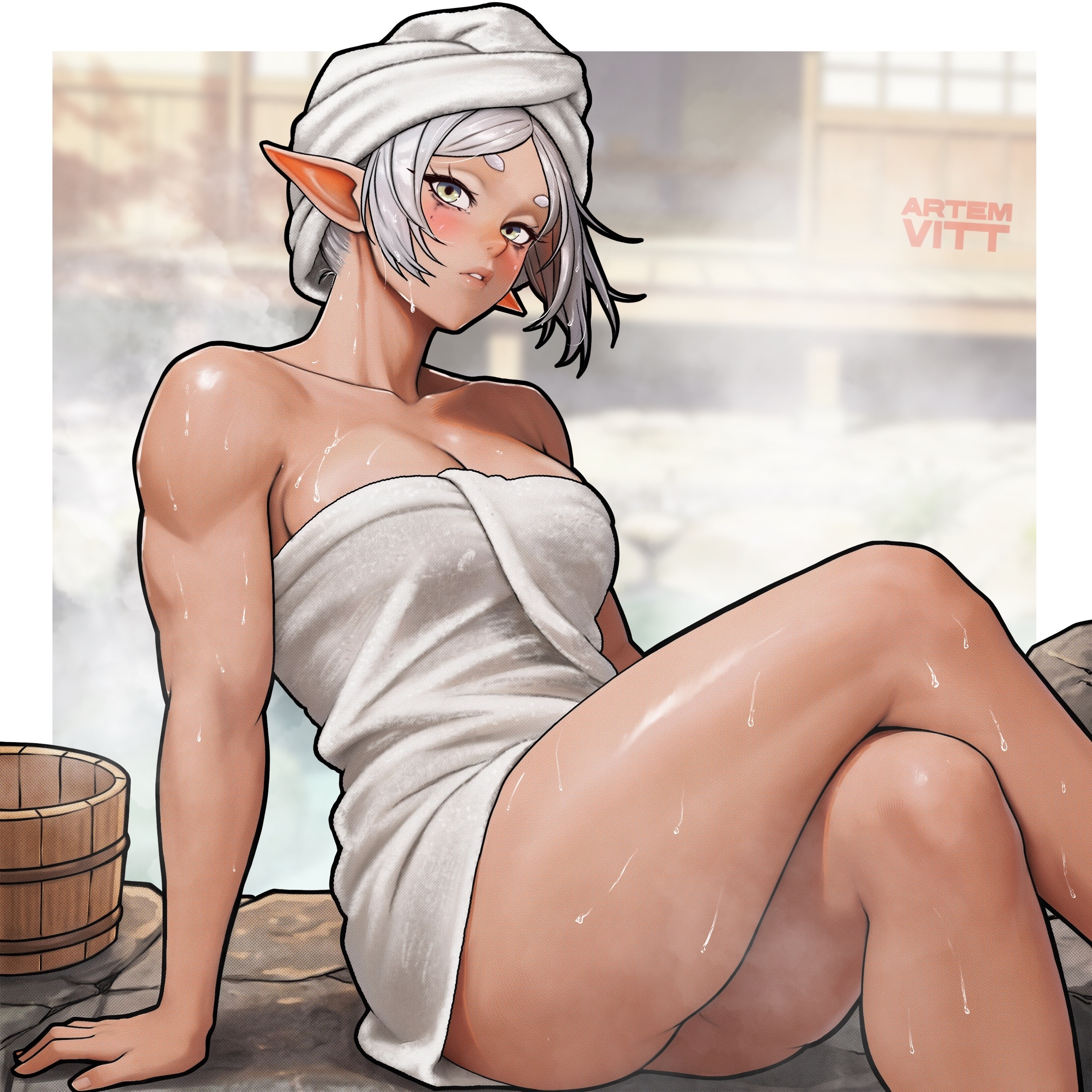 1:1, 1girls, 2d, 2d (artwork), alternate body type, alternate breast size, artemvitt, artist logo, artist name, artist signature, blush, bucket, digital media (artwork), elf, female, frieren, frieren beyond journey's end, green eyes, highres, hot spring, legs together, looking at viewer, muscular female, parted lips, pointy ears, solo, sousou no frieren, steam, steaming body, sweat, sweatdrop, sweating, tagme, towel, towel on head, towel only, wet, wet body, white hair