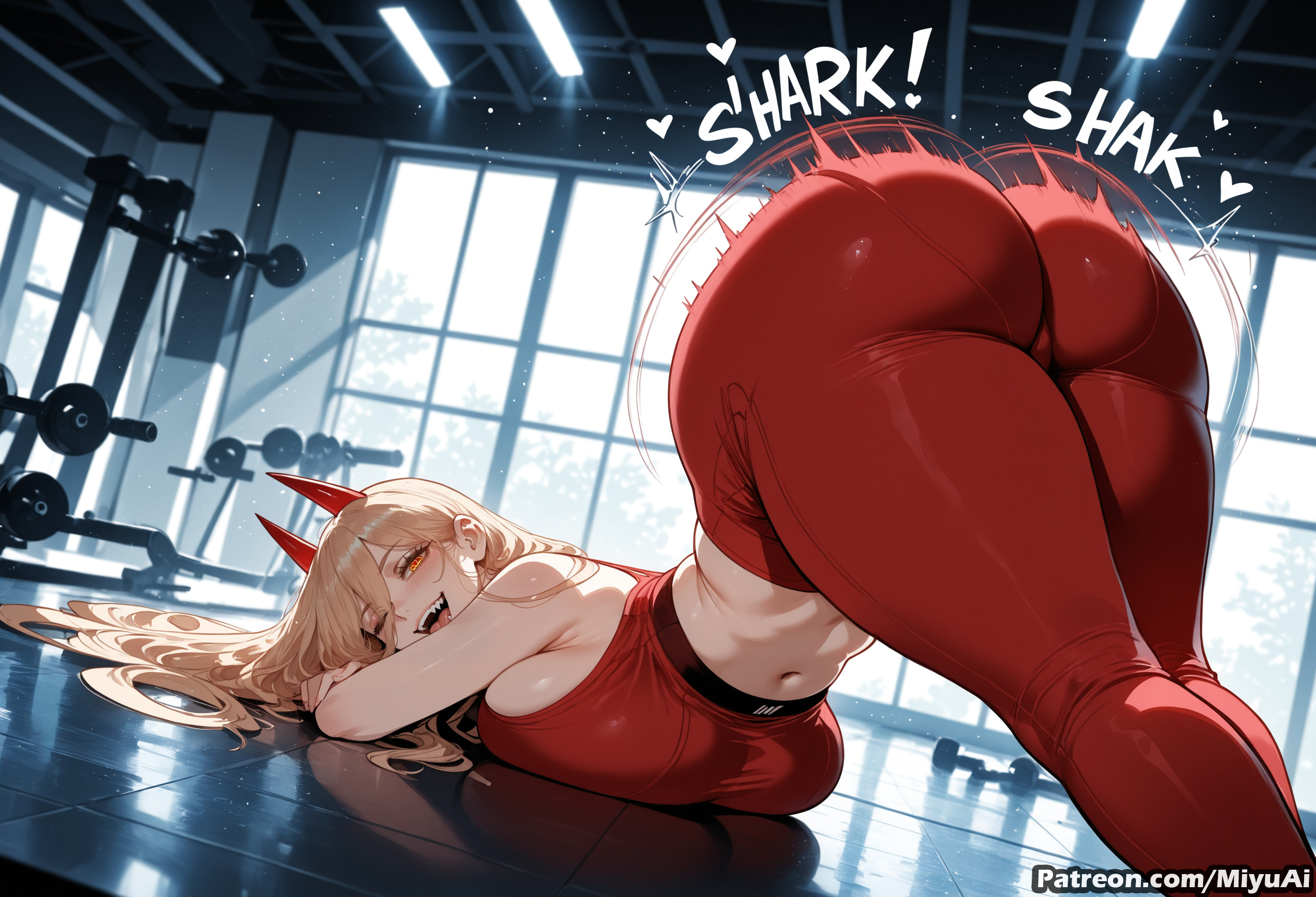 1girl, ai assisted, ai generated, ass, bangs, bare shoulders, blonde hair, breasts, chainsaw man, curvaceous, curvy, curvy female, curvy figure, demon girl, demon horns, female, horns, indoors, large breasts, long hair, looking at viewer, looking back, midriff, miyuai, open mouth, pants, power (chainsaw man), solo, thick, thick ass, thick butt, thick hips, thick legs, thick thighs, thighs, top-down bottom-up, voluptuous, voluptuous female, wide hips, wide thighs