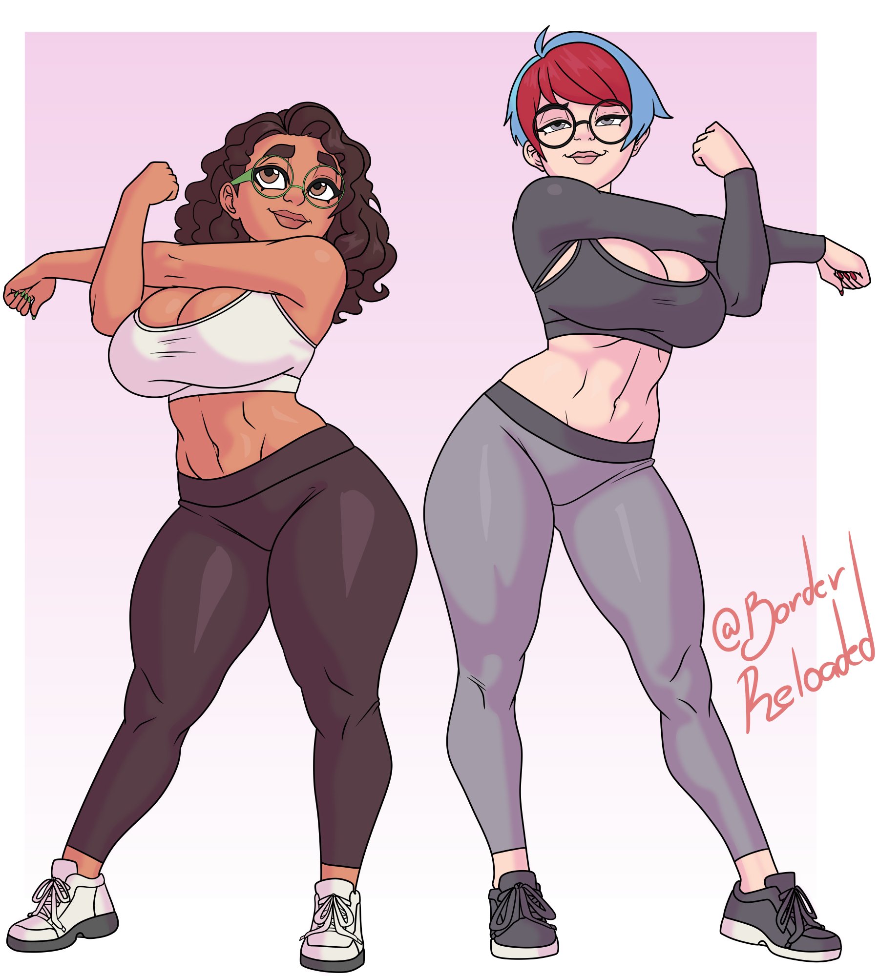 2026, 2girls, abs, big ass, big breasts, blue hair, borderreloaded, breasts, brown body, brown eyes, brown hair, brown skin, cleavage, clothed female, crossover, curly hair, curvaceous, curvy, curvy figure, dark skin, dark-skinned female, disney, encanto, female, female only, glasses, green glasses, gym clothes, large ass, large breasts, latina, leggings, mirabel madrigal, multicolored hair, nintendo, painted nails, penny (pokemon), pokemon, pokemon sv, pokemon trainer, purple background, red fingernails, red hair, shoes, short hair, sports bra, stretching, thick thighs, thighs, toned, toned female, voluptuous, voluptuous female, white background, wide hips