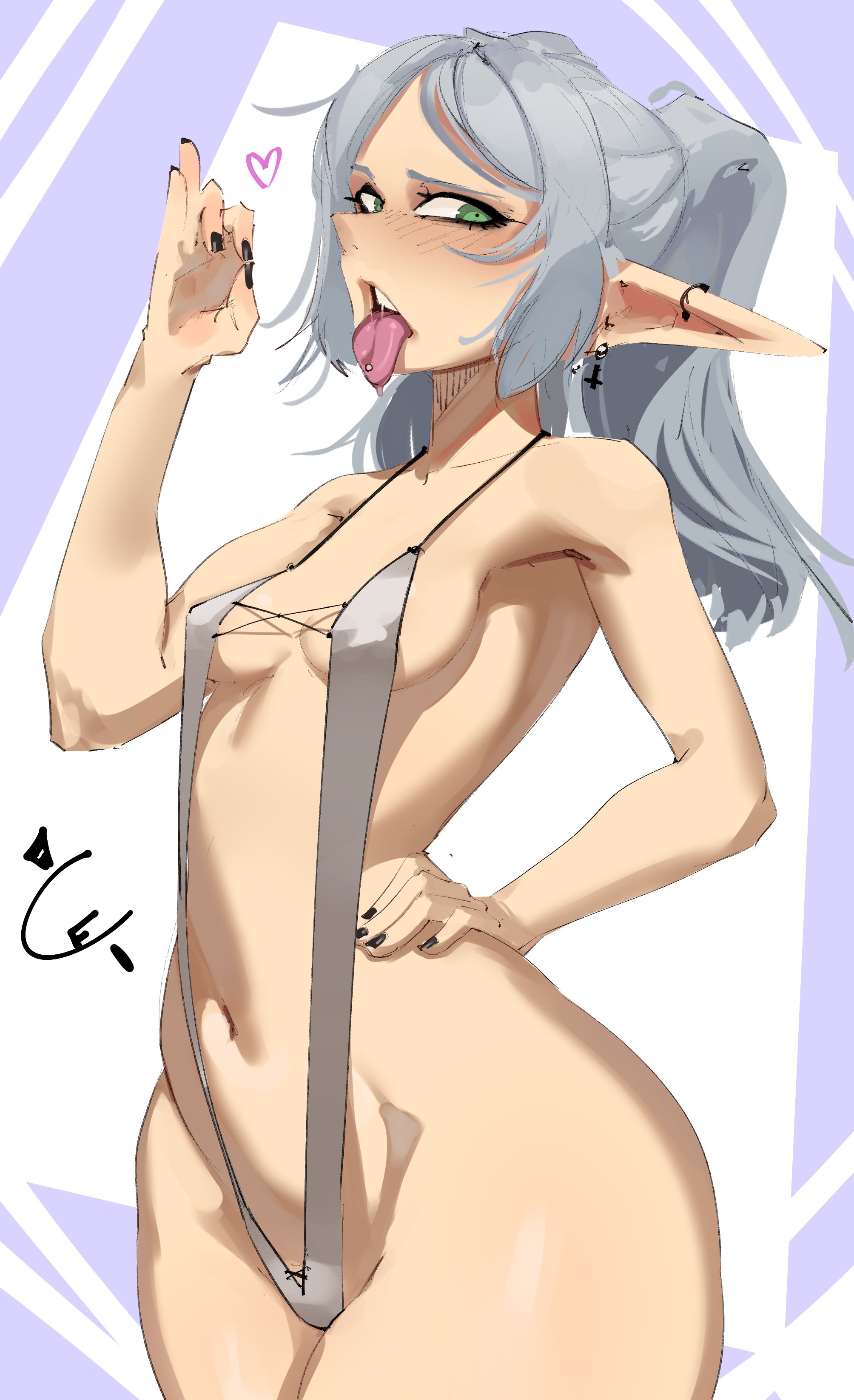 1girls, armpits, ass, black nails, breasts, cursedequinox, elf, elf ears, elf female, female, female only, frieren, frieren beyond journey's end, light skin, light-skinned female, looking at viewer, sousou no frieren, thick thighs, thighs, tongue out, wide hips