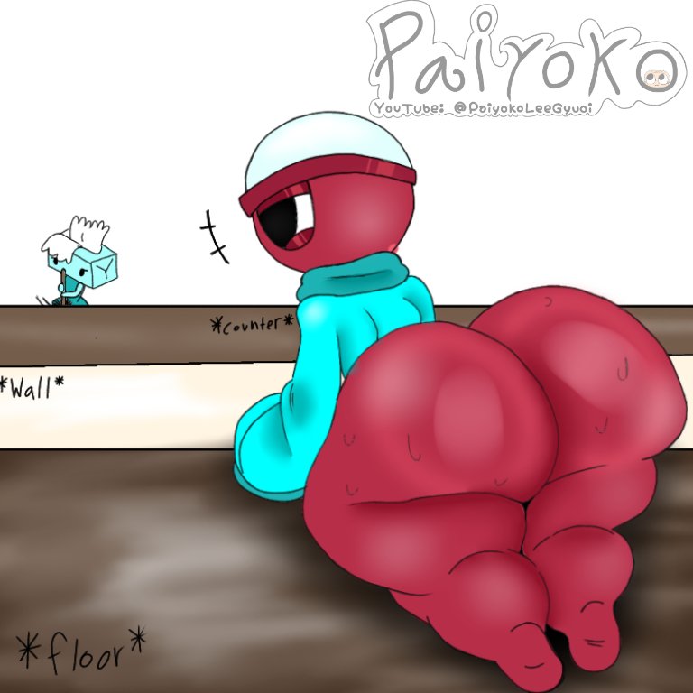 2026, 2girls, artist request, ass, big butt, blue shirt, breasts, butt, butt focus, dandy's world, female, female only, gigi (dandy's world), medium breasts, no panties, object head, roblox, roblox game, text, tisha (dandy's world), voluptuous, voluptuous female