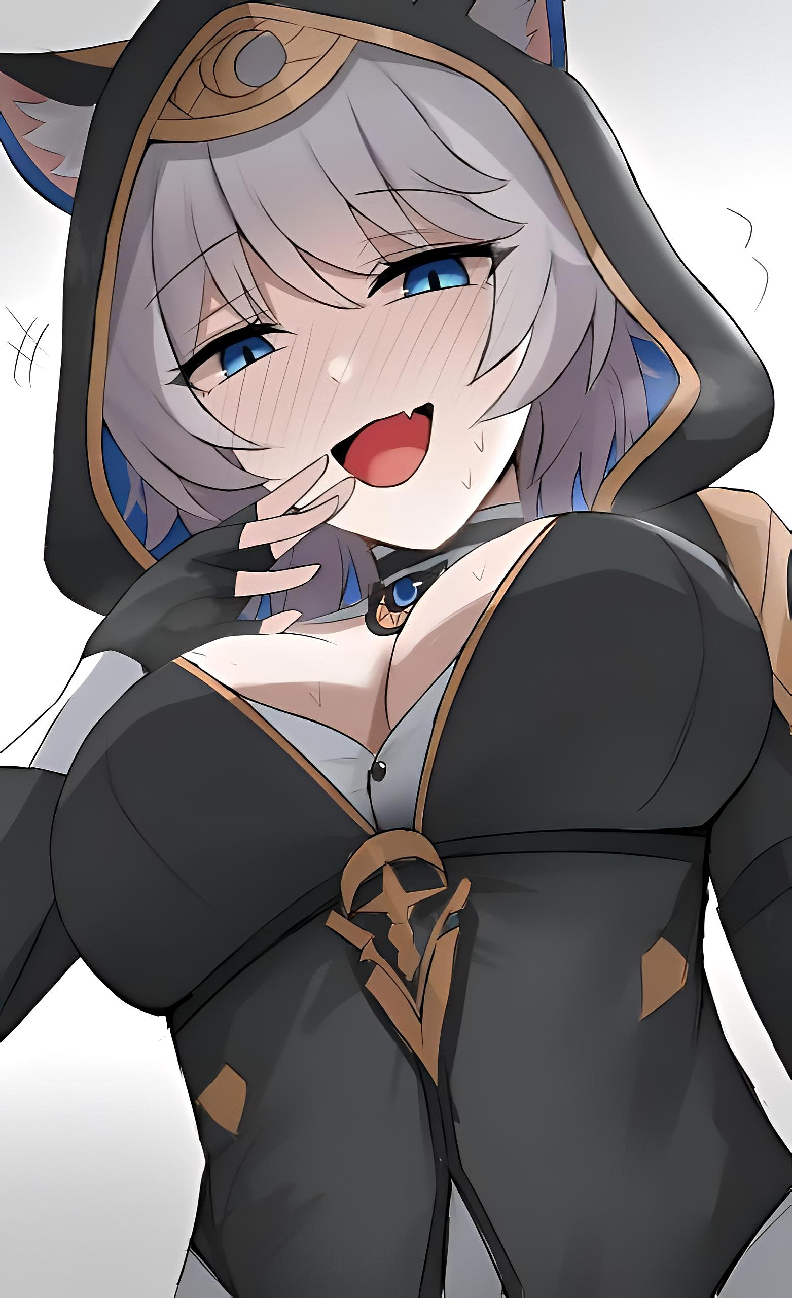 1girls, 2025, 2d, 2d (artwork), animal ears, big breasts, blue eyes, blush, blushing at viewer, boobs, breasts, cat ears, cipher (honkai: star rail), clothed, clothing, color, colored, digital media (artwork), eyes, female, female only, grey hair, hair, hi res, honkai (series), honkai: star rail, hoyoverse, looking at viewer, low-angle view, mihoyo, mouth open, namikare, open mouth, simple background, smile, smile at viewer, solo, sweat, sweatdrop, tits, upper body, video game character, video games, viewed from below, white background