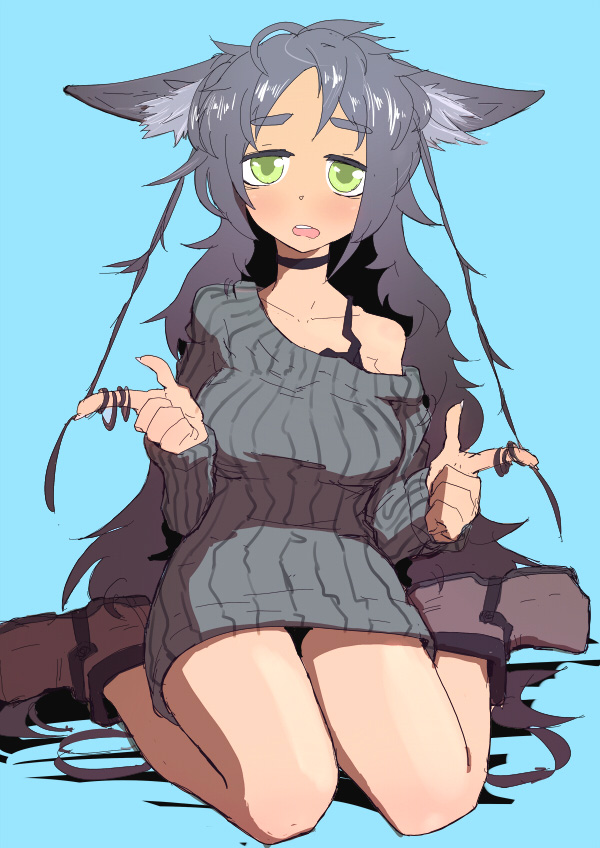 bare_legs blush face green_eyes hair_tussle hands kneeling nagaike oekaki original pointy_chin sitting solo sweater wariza