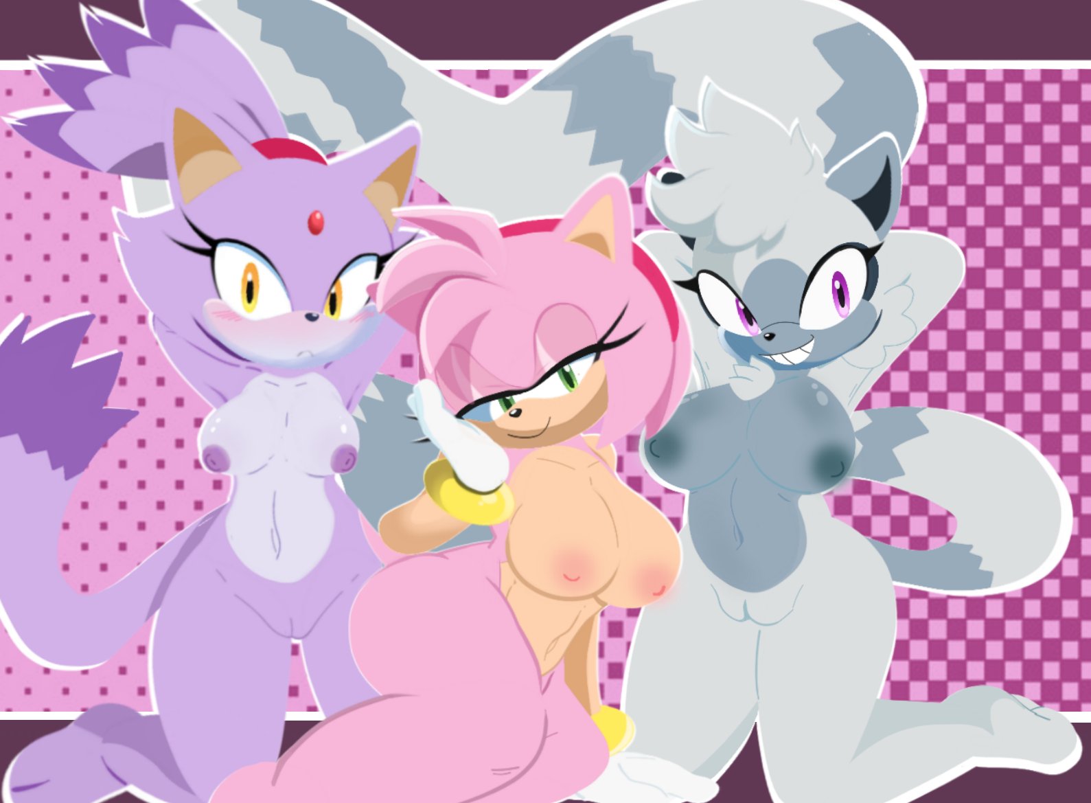 3girls, amy rose, big breasts, blaze the cat, blush, furry, furry female, naked female, pink fur, pink hair, purple eyes, purple fur, sonic (series), sonic the hedgehog (idw), sonic the hedgehog (series), tangle the lemur, thesunkern