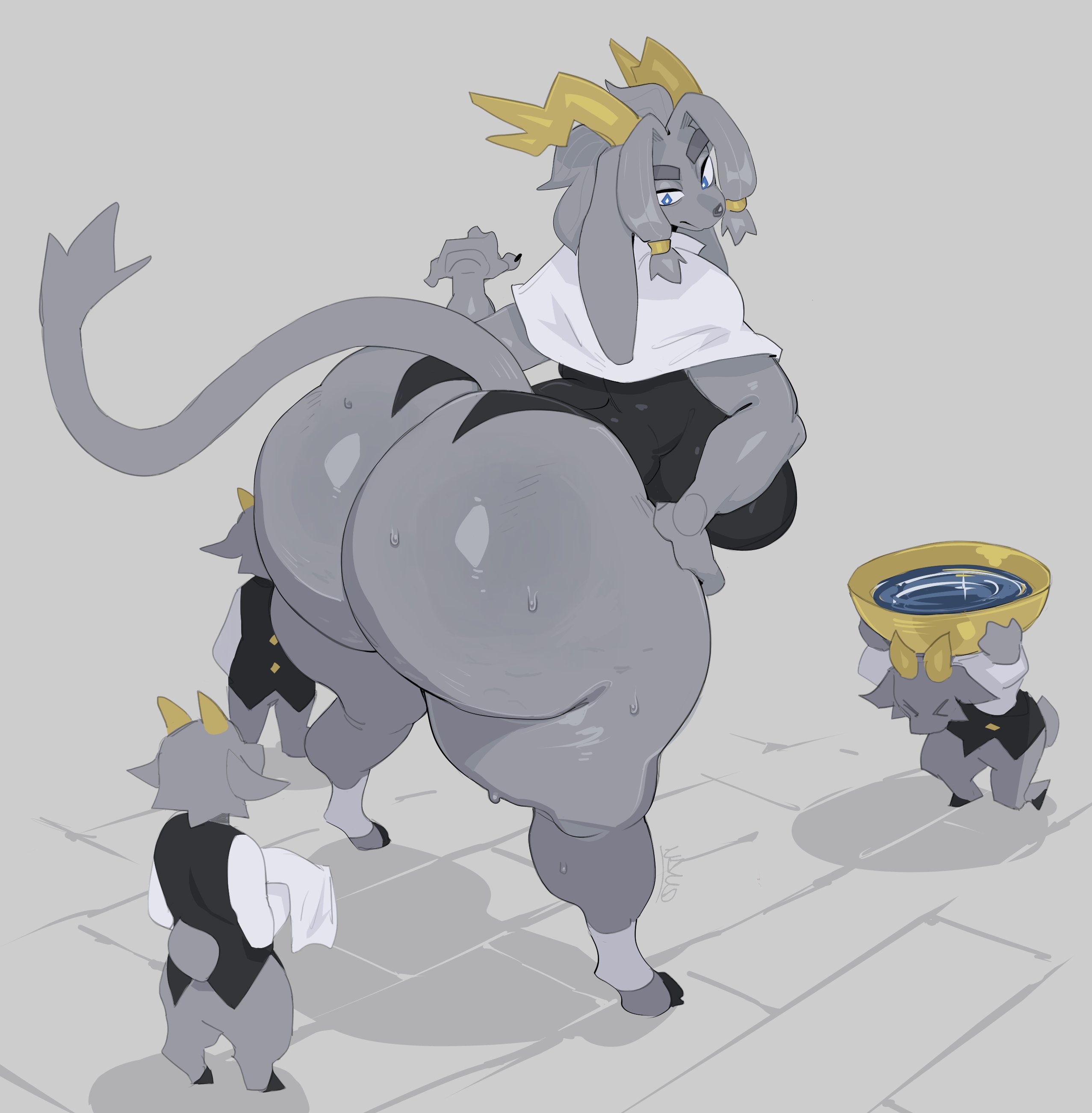 1girls, 3boys1girl, anthro, anthro female, big ass, big breasts, digital media (artwork), fat ass, female, female anthro, female protagonist, furry, furry female, gigantic ass, green body, grey fur, huge ass, looking back, nanokindred, pseudoregalia, rear view, smaller male, sybil (pseudoregalia), thick thighs