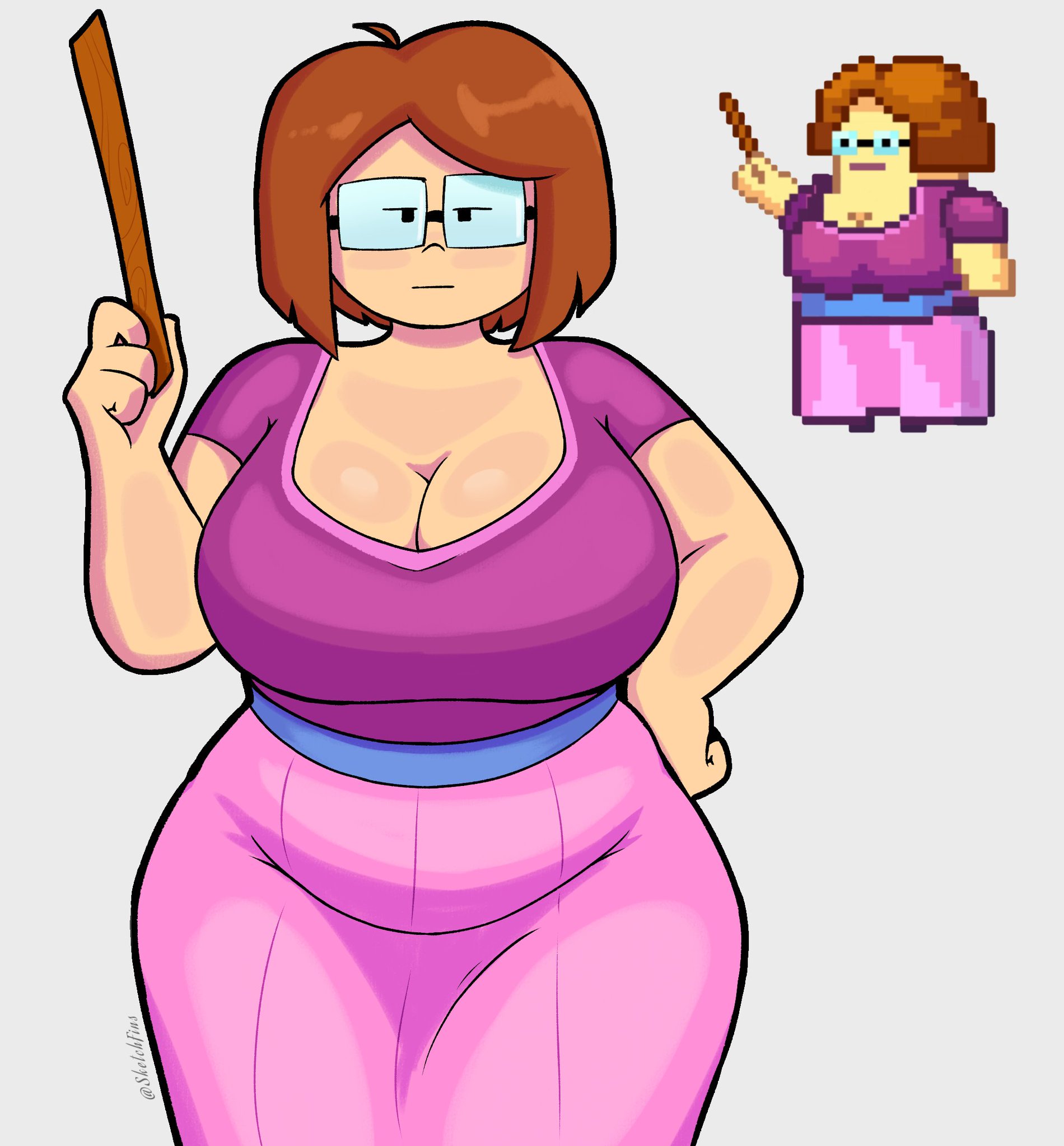 1girls, artist name, artist signature, big breasts, breasts, breasts bigger than head, brown hair, chubby, chubby female, cleavage, fat, female, female only, glasses, glasses on head, kindergarten (game), large breasts, ms. applegate, sketchfins, tagme, teacher, teacher female, teacher outfit, tummy, tummy bulge