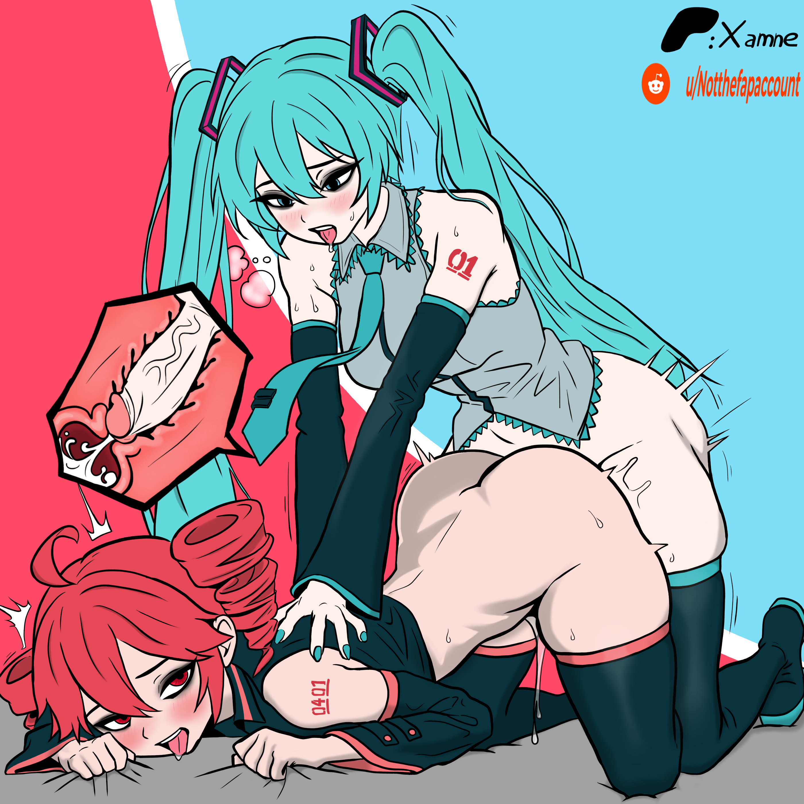 1futa, 1girls, blue eyes, blue hair, creampie, cum, cum in pussy, cum in uterus, cum inside, doggy style, female, female penetrated, from behind, fucked from behind, futa on female, futanari, hatsune miku, kasane teto, nakadashi, sex, sex from behind, thighhighs, tie, vaginal, vaginal penetration, vaginal sex, xamne