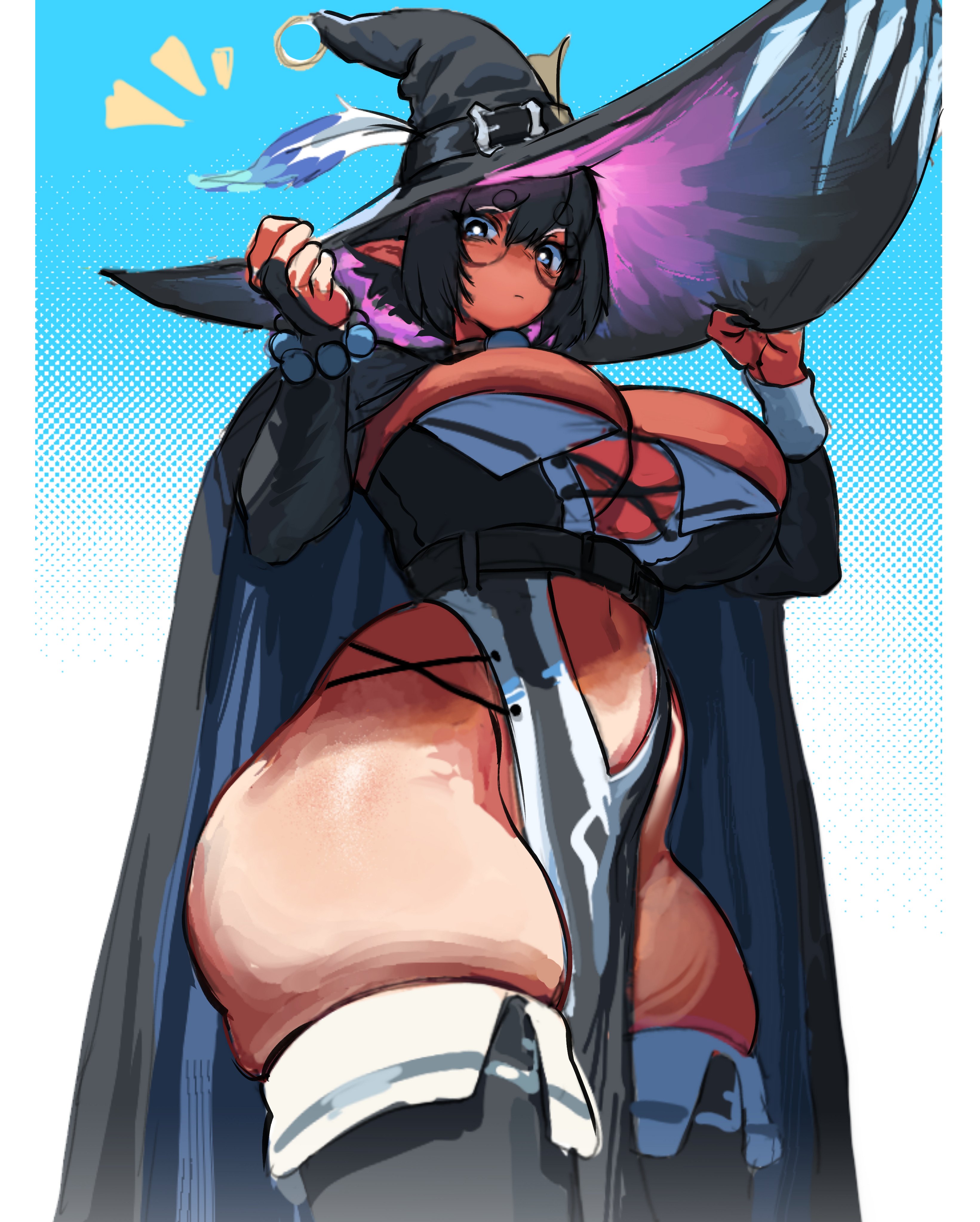 1girls, absurdres, adjusting clothes, adjusting headwear, ass, black boots, black hair, boots, breasts, bridal gauntlets, cape, cleavage, from below, glasses, hands up, hat, highres, huge breasts, looking at viewer, looking down, midnightsunz456, navel, original, pelvic curtain, reallycute456, short hair, solo, thick thighs, thigh boots, thighs, witch, witch hat