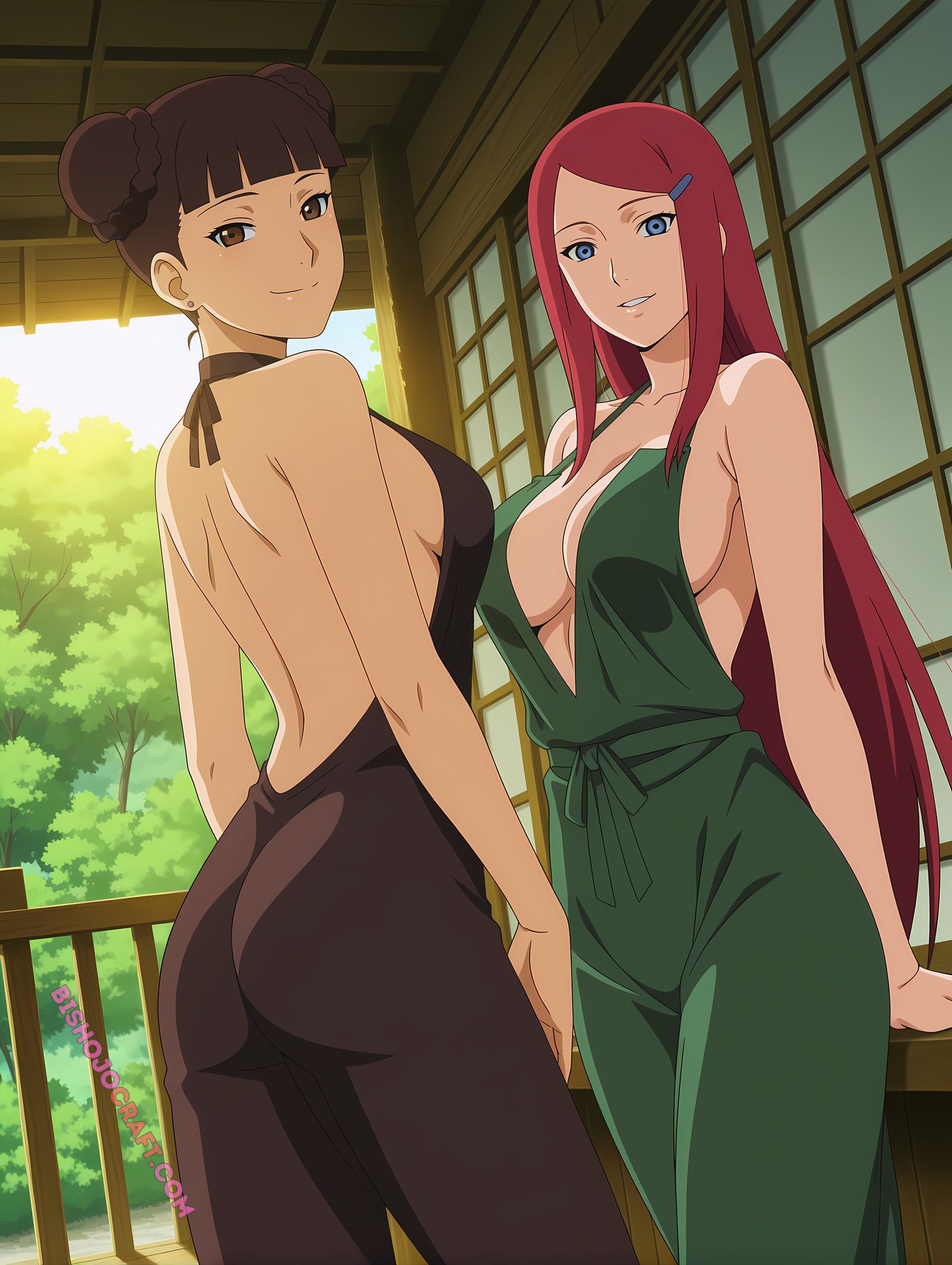 2girls, absurd res, ai generated, backless outfit, big breasts, bishojocraft, blue eyes, blunt bangs, blush, boruto: naruto next generations, breasts, brown eyes, brown hair, cocktail dress, completely nude, curvaceous, curvy, curvy figure, double bun, dress, earrings, female, female only, highres, long hair, mature female, milf, multiple girls, naked, naked female, naruto, naruto (series), naruto shippuden, naughty, naughty face, naughty smile, nipples, nude, nude female, outdoors, pinup, ponytail, presenting, presenting breasts, red hair, revealing dress, smile, solo female, take your pick, teasing, teasing viewer, tenten, thick thighs, time paradox, twin buns, uncensored, uzumaki kushina, very high resolution, very long hair, voluptuous, watermark