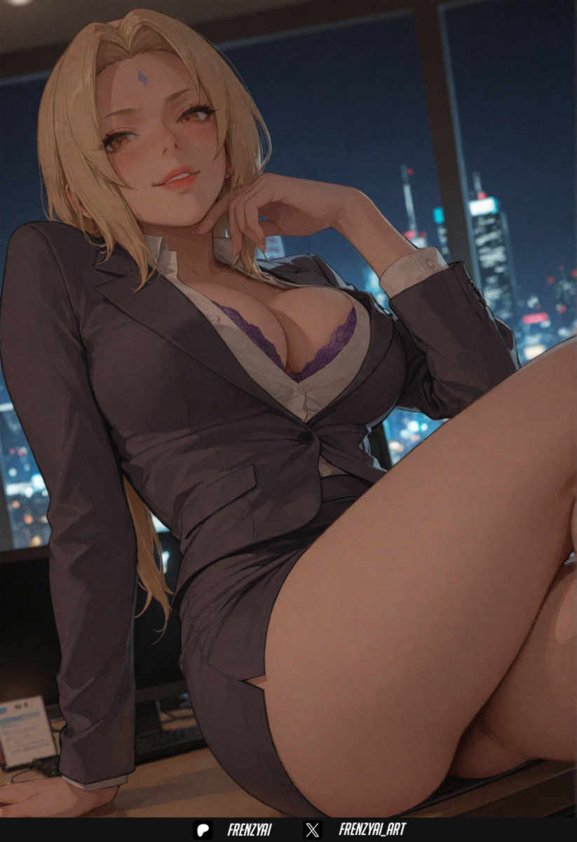 1girl, ai generated, ass, blonde hair, bra, breasts, brown eyes, cleavage, crossed legs, desk, facial mark, forehead mark, formal, frenzyai, jacket, large breasts, long hair, looking at viewer, mature female, naruto (series), office lady, pencil skirt, purple bra, shirt, sitting, skirt, smile, solo, suit, thighs, tsunade, underwear, white shirt, window