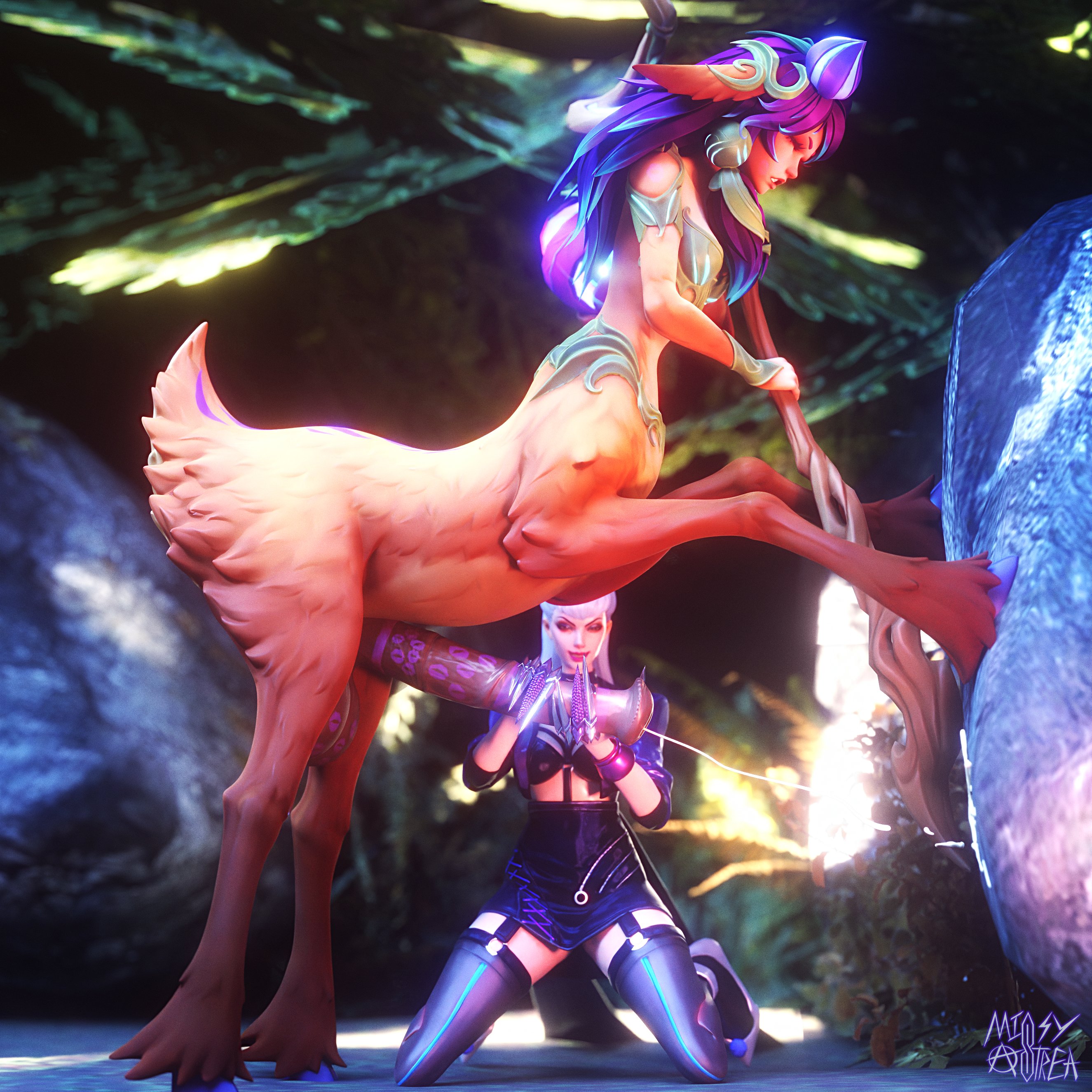 2girls, 3d, 3d (artwork), 3d render, animal genitalia, animal penis, big penis, boobs, breasts, centaur, cleavage, color, colored, covered breasts, covered nipples, cum, cum stain, deer, deer girl, ejaculating cum, ejaculation, evelynn, fantasy, flower, flower in hair, forest, forest background, futa on female, futanari, glistening genitalia, glistening penis, glowing, handjob, high quality, high resolution, highres, hooves, horsecock, horsecock futa, horsecock futanari, huge cock, kda, kda all out, kda league of legends, kiss mark, kissing balls, kissing penis, league of legends, league of legends: wild rift, leaning, leaning forward, leaning on object, lillia (league of legends), long hair, milking, missyastrea, multiple girls, on knees, orgasm, orgasm face, orgasm from handjob, outdoor nudity, outdoors, outside, partially clothed, penis, penis grab, purple hair, rock, skirt, staff, stain, stick, stroking penis, thighhighs, trees, trying to resist