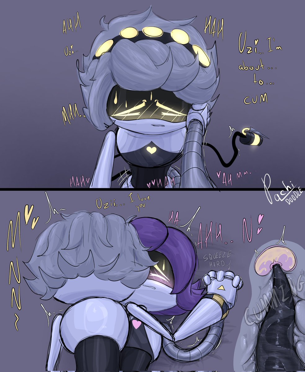 1boy, 1girls, accurate art style, blush, blushing, grey hair, intercourse, male/female, murder drones, n (murder drones), oral, oral penetration, oral sex, pachinsfw, penetration, purple hair, robot sex, sex, straight, straight sex, tail, tentacle penis, uzi (murder drones), uzi doorman, yellow eyes