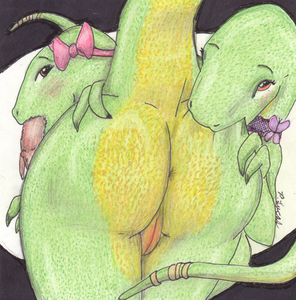 2girls anus ass ass_grab bent_over big_ass bite biting bow choker dinosaur dinosaur_girl female female_only green_skin lizard looking_at_viewer looking_back mouth_hold nude paul_lucas playful pussy raised_tail raptor red_eyes scalie siblings sisters tail teasing text twins yellow_skin