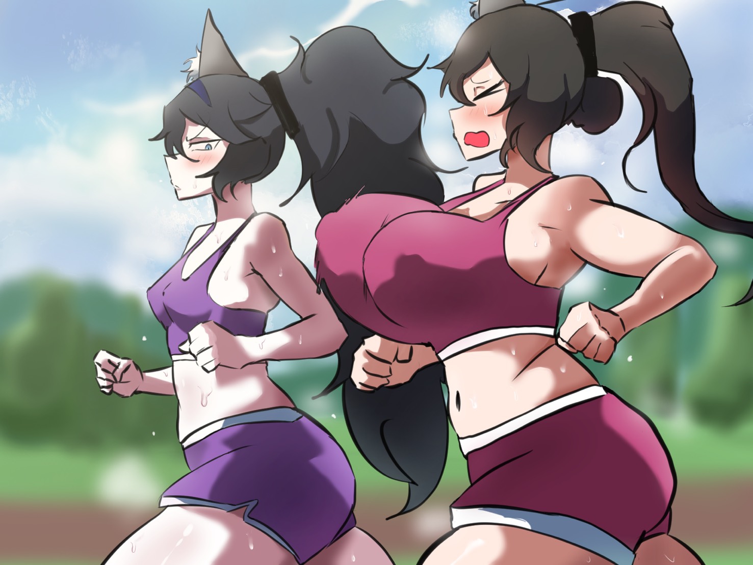 2026, 2d, 2d (artwork), 2girls, big breasts, black hair, blush, boobs, bouncing breasts, breasts, cat ears, cat girl, closed eyes, clothed, clothing, color, colored, digital media (artwork), exercise, exercise clothing, eyes closed, female, female only, hair, hi res, huge breasts, jogo samuel, kasli (nyanko daisensou), kasli the bane, kasli the scourge, large breasts, long hair, looking at breasts, nipples visible through clothing, nyanko daisensou, small breasts, sweat, sweatdrop, the battle cats, tits, video game character, video games