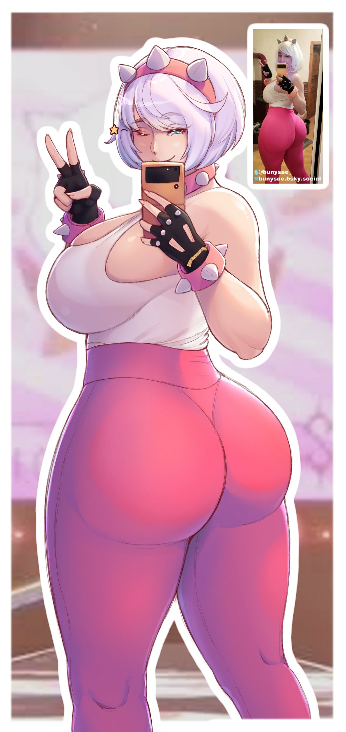 ass, big ass, blue eyes, breasts, cosplayer, elphelt valentine, elphelt valentine (cosplay), frozenmullet, guilty gear, guilty gear strive, large ass, large breasts, phone, real person, selfie, thick thighs, voluptuous female, white hair