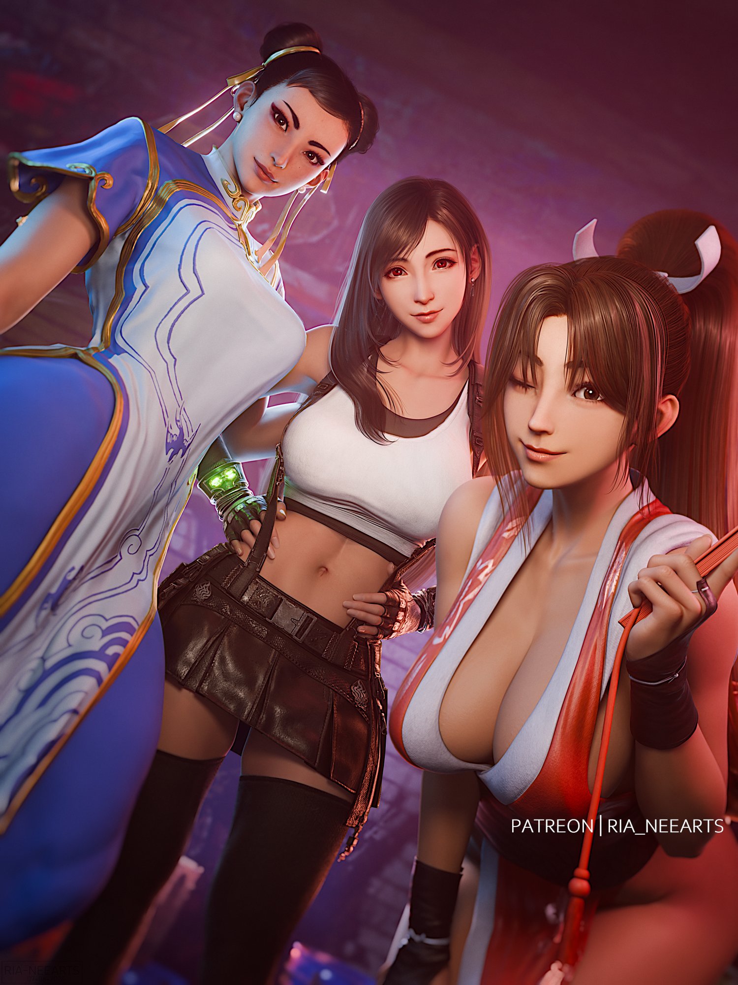 3d, 3girls, big breasts, black hair, breasts, brown hair, chun-li, cleavage, crossover, fatal fury, female, female only, final fantasy, final fantasy vii, folding fan, king of fighters, large breasts, long hair, looking at viewer, mai shiranui, multiple girls, ponytail, red eyes, ria-neearts, street fighter, street fighter 6, tifa lockhart