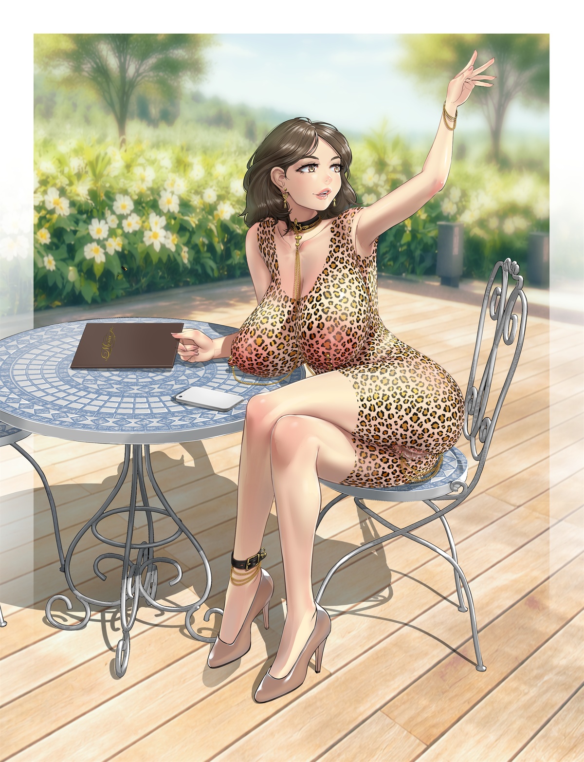 areolae, ass, big areola, big ass, big breasts, body paint, bodypaint, breasts, brown eyes, brown hair, butt, buttplug, censored pussy, chichimaro, clitoris piercing, completely nude, completely nude female, daytime, false clothes, female, female only, full body, gold, gold (metal), heel boots, heels, heels only, huge breasts, large breasts, leopard print, leopard print dress, massive breasts, milf, milf body, naked, naked female, nipple chain, nipple piercing, nipple piercings, nipples, no clothes, no clothing, nude, nude female, original, outdoors, outside, painted clothes, phone, piercing, piercings, public, public exposure, public nudity, pussy, pussy juice, ring piercing, sitting on chair, solo, solo female, tattoo uniform, thick, thick ass, thick thighs, thighs, wet pussy