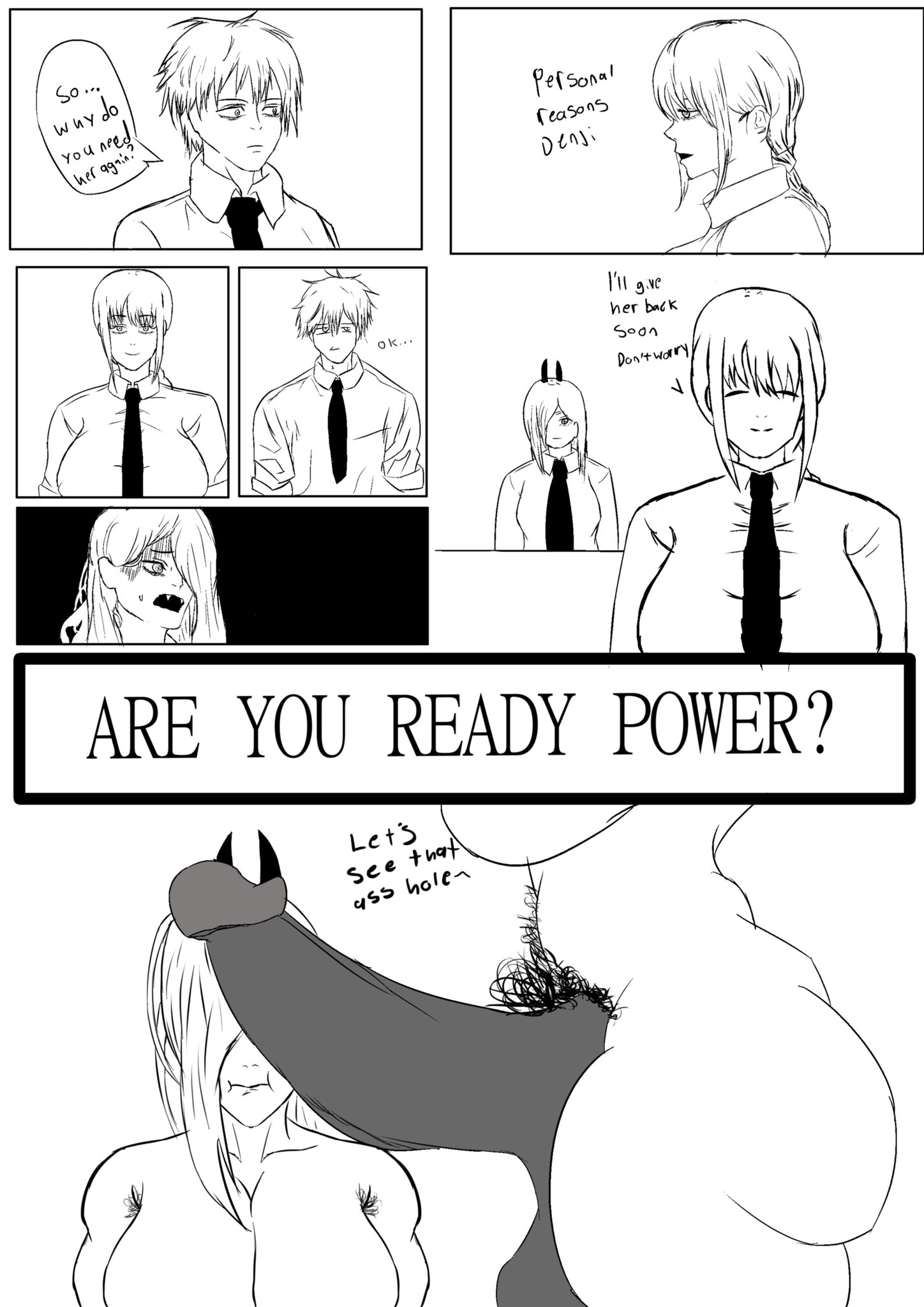 big breasts, big penis, breasts, cant see the haters, chainsaw man, cheating, cock worship, cucked by futa, darkened genitalia, darkened penis, denji (chainsaw man), dialogue, futanari, hairy, hairy armpits, luxy xb, makima (chainsaw man), massive breasts, massive penis, netorare, penis, penis on face, penis resting on face, power (chainsaw man), pubic hair, text, uncensored